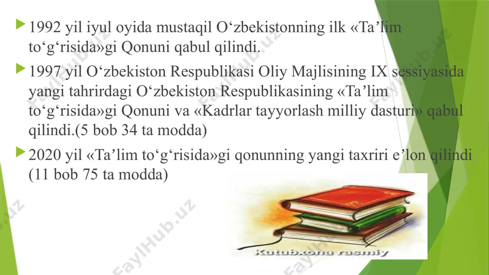 lash va ularning malakasini oshirish; kadrlarni qayta tayyorlash tayanch mutaxassisliklar va kasblarga muvofiq bo‘lgan yo‘nalishlar bo‘yicha faoliyatni amalga oshirish uchun qo‘shimcha kasbiy bilim, malaka va ko‘nikmalarning zarur hajmi egallanishini ta’minlaydi. maktabdan tashqari ta’lim. maktabdan tashqari ta’lim tashkilotlari jumlasiga bolalar, o‘smirlar ijodiyoti saroylari, uylari, klublari va markazlari, “barkamol avlod” bolalar maktablari, bolalar-o‘smirlar sport maktablari, bolalar musiqa va san’at maktablari, studiyalar, axborot-kutubxona hamda sog‘lomlashtirish muassasalari kiradi. umumiy o‘rta ta’lim i-xi sinflarni o‘z ichiga oladi. o‘rta maxsus ta’lim akademik litseylarda 9 yillik tayanch o‘rta ta’lim asosida 2 yil mobaynida amalga oshiriladi. professional ta’lim boshlang‘ich, o‘rta va o‘rta maxsus professional ta’lim darajalariga ajratiladi. boshlang‘ich professional ta’lim kasb-hunar maktablarida ix sinf bitiruvchilari negizida kunduzgi ta’lim shaklida 2 yillik integratsiyalashgan dastur asosida bepul amalga oshiriladi. o‘rta professional ta’lim kollejlarda davlat buyurtmasi yoki to‘lov-shartnoma asosida davomiyligi 2 yilgacha bo‘lgan kunduzgi, kechki va sirtqi ta’lim shakllari bo‘yicha amalga oshiriladi. o‘rta maxsus professional ta’lim texnikumlarda davlat buyurtmasi yoki to‘lov-shartnoma …