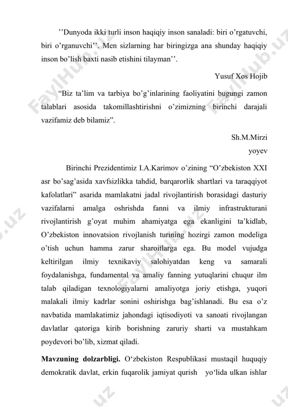 individuallashtirish hamda masofaviy ta’lim tizimi texnologiyasini, uning vositalarini ishlab chiqish, oʻzlashtirish, yangi pedagogik va axborot texnologiyalari asosida oʻquvchi va talabalarni oʻqitishni jadallashtirish ana shunday dolzarb vazifalar sirasiga kiradi. ta’limni isloh qilish, yangi mazmundagi va zamon talabiga javob beradigan oʻquv adabiyotlar, qoʻllanmalarni yaratish va ilgʻor pedagogik texnologiyalarni joriy etishni taqozo etadi. ta’lim tizimidagi kamchiliklar, shu jumladan, matematika fanida ham oʻqitish uslubiyotini chetlab oʻtmaydi. har bitta fanga alohida e’tibor berish, har bir mavzuni o`qitishda ma’suliyatli bo`lish o`qituvchining eng oliy maqsadi hisoblanadi. bizga ma’lumki matematika fani juda qiziqarli va shu bilan birga murakkab fan bo`lib ham hisoblanadi. ma’lumki, matematik analiz, fanida nima maqsadlarda foydalaniladi, uning yechimlari qanday topiladi kabi masalalar qaraladi. ushbu fikrlar tanlangan mavzuning qanchalik darajada dolzarb ekanligini koʻrsatadi. kurs ishining obyekti. oliy ta’lim muassasalarida matematik analiz fani oʻqitish jarayoni. kurs ishining predmeti. oliy ta’lim muassasalarida matematik analiz fizika va geometriya masalalarida qo’llashni nazariy va amaliy bilimlar asosida oʻrgatish usullari. kurs ishining …