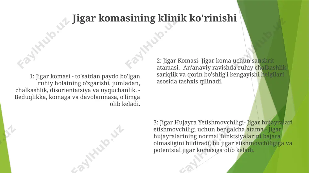 to'planishi, jigar oqsillari sintezining pasayishi va suyuqlikni ushlab turishning ko'payishi. jigar hujayralari etishmovchiligini boshqarish jigar transplantatsiyasi: - jigar etishmovchiligining oxirgi bosqichida jigar transplantatsiyasi yagona aniq davolash usuli hisoblanadi. bu qabul qiluvchining shikastlangan jigarini sog'lom donor jigari bilan almashtirishni o'z ichiga oladi. sun'iy jigarni qo'llab-quvvatlash tizimlari: - ekstrakorporal jigarni qo'llab-quvvatlash tizimlari bemorlarni jigar transplantatsiyasiga ko'prik qilishi yoki o'tkir jigar etishmovchiligi paytida yordam berishi mumkin. ular toksinlarni olib tashlaydi va ba'zi jigar funktsiyalarini bajaradi. farmakoterapiya: - dorilar infektsiya, ensefalopatiya va buyrak etishmovchiligi kabi jigar etishmovchiligining asoratlarini boshqarishga yordam beradi. masalan, antibiotiklar, laktuloza va diuretiklar. e'tiboringiz uchun rahmat @taqdimot_robot