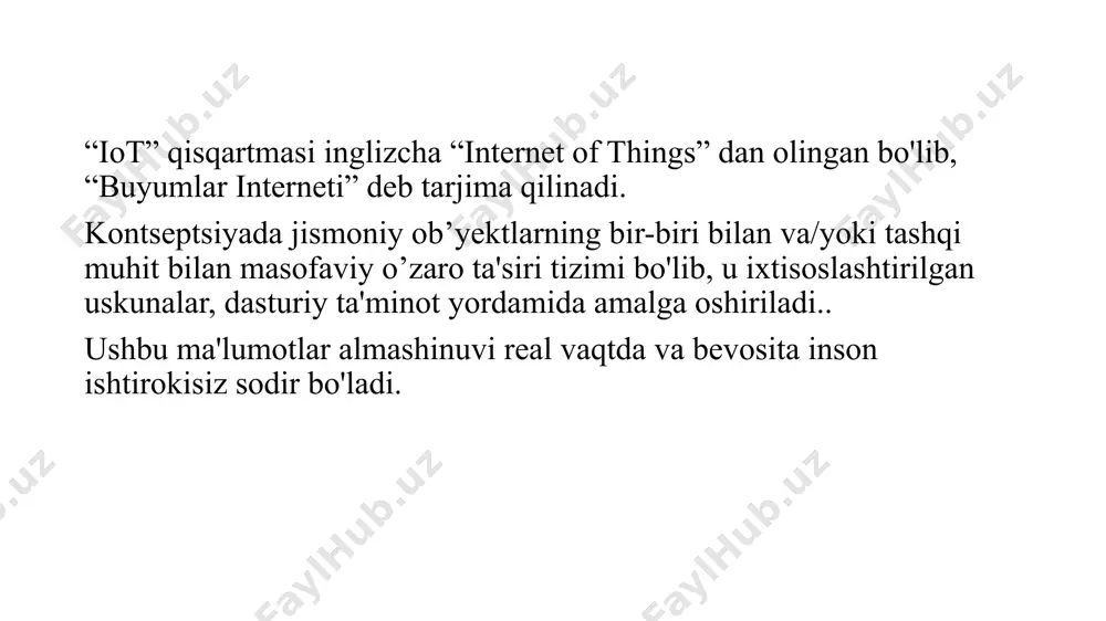 yo'ldoshli buyumlar interneti orbitadagi turli qurilmalarga ma'lumot almashish va sun'iy yo'ldosh aloqa kanallaridan foydalanadigan qurilmalarga yagona tarmoqda ishlashga yordam beradi. taqiladigan buyumlar interneti - bu foydalanuvchining sog'lig'ini kuzatadigan va uning harakatini kuzatadigan sensorlar va uskunalar, masalan, fitnes-trekerlar, aqlli soatlar va "aqlli" bilaguzuklar. buyumlar interneti va tashqi qurilmalarning integratsiyasi hisoblash resurslarini tejaydigan va kompaniya xizmatlarining avtonomiyasini oshiradigan texnologiyalar. transportdagi buyumlar interneti o'z-o'zini boshqaradigan transport vositalarini takomillashtirishga, energiya samaradorligini oshirishga va resurslarni tejashga yordam beradi. buyumlar interneti texnologiyasi bulutlar interneti ekotizimiga o'rnatilgan tizimlar yechimlarni hal qiladigan buyumlar interneti ekotizimlari buyumlar internetining qo'llanilishi sohalari taqiladigan qurilmalar taqiladigan qurilmalar, ehtimol, oddiy odam uchun narsalar interneti qurilmalarining eng ko'zga ko'ringan turidir. bularga fitnes-trekerlar, aqlli soatlar, aqlli ko‘zoynaklar, virtual reallik garnituralari va boshqa ko‘p narsalar kiradi. aqlli uylar aqlli uy tizimiga maishiy texnika kiradi. tizim ma'lum vazifalarni avtomatlashtirish uchun ishlatiladi va odatda masofadan boshqariladi. aqlli uyning bir qismi bo'lgan buyumlar interneti qurilmalari orasida simsiz oshxona jihozlari, …