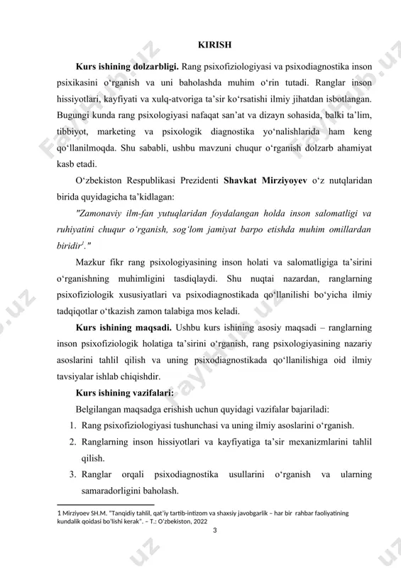 lmiy manbalarni o‘rganish. eksperimental tadqiqot – ranglarning inson psixikasiga ta’sirini aniqlash maqsadida empirik ma’lumotlarni yig‘ish va tahlil qilish. taqqoslash va umumlashtirish – rang psixologiyasining turli yo‘nalishlarini solishtirish va umumiy xulosalar chiqarish. amaliy kuzatishlar – real sharoitlarda ranglarning inson kayfiyatiga ta’sirini kuzatish va baholash. kurs ishining tuzilmasi: kirish, 2 ta bob, 4 ta qism, xulosa va foydalanilgan adabiyotlar ro'yxatidan iboratdir. i bob. rang psixofiziologiyasining nazariy asoslari 1.1. ranglarning inson psixikasiga ta’siri bizni o‘rab turgan ranglar jismimizni hissiy kuch-quvvat bilan to‘ldiradi. ranglar jilosi bizni hayratga soladi, ilhomlantiradi va, hattoki, hayotimizni o‘zgartirishga qodir bo‘ladi. ranglarning tabiiy kuchi, ularning jismoniy asoslari, his-tuyg‘ularimizga ta’sir qilar ekan, ranglararo muhitni o‘zgartirish yo‘lini mustaqil ravishda tanlashga va baxtli hamda muvaffaqiyatli bo‘lish uchun to‘g‘ri kayfiyatga erishishga yordam beradi[footnoteref:2]. [2: антоненко е. ю. язык цвета / е. ю. антоненко -«þолиo», 2011 ] men ranglar bilan bog‘liq faoliyat sohalaridan me’morlar, interyer dizaynerlari, dizaynerlar, stilistlarning ishlarini ko‘zdan kechirar ekanman, ular qanday fikrlar …