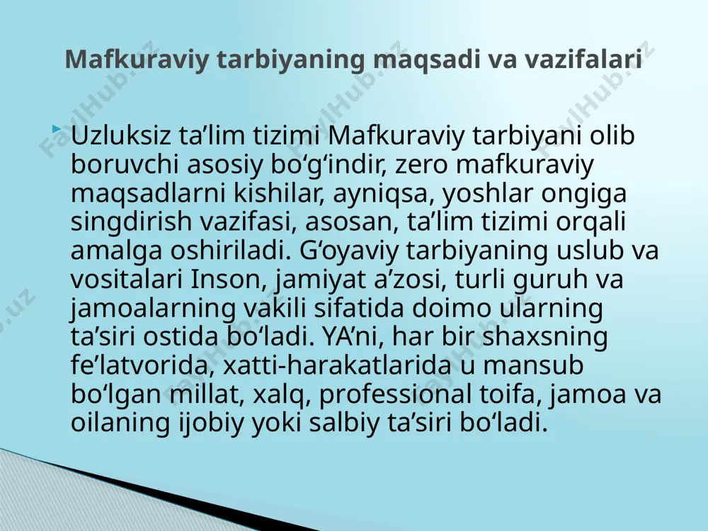 ilmiy asoslangan bilimlar bilan boyitish hamda jamiyat uchun, uning ravnaqi uchun kerak bo‘lgan sifatlarni kamol toptirishga yo‘naltirilgan bo‘ladi. mafkuraviy tarbiya texnalogiyasi o‘zbekistonning mustaqil taraqqiyot strategiyasi, o‘zbek xalqining buyuk davlat barpo etish borasidagi maqsad-muddaolari milliy g‘oyani yoshlar qalbi va ongiga singdirishning ustuvor yo‘nalishlaridandir. bu jarayon jamiyat hayotining barcha sohalarini qamrab olish, ta’limtarbiya, targ‘ibot va tashviqotning samarali usul va vositalaridan oqilona foydalanishni taqozo etadi. maktabgacha ta’lim muassasalari. bu o‘rinda har bir ota-ona o‘z farzandining maktabgacha tarbiyasi uning keyingi rivojida qanchalik ahamiyat kasb etishi, bu davr uzluksiz ta’lim va tarbiyaning muhim bosqichi ekanini anglab etishiga erishish zarur. bunda oilaning maktabgacha ta’lim muassasalari tizimiga izchil uyg‘unlashuviga erishishni nazarda tutish kerak. bu davrda barcha maktabgacha ta’lim-tarbiya muassasalari bolalardagi umumiy savodxonlik va maktabdagi ta’lim -tarbiyaga tayyorlash jarayonining muhim va zaruriy bosqichi sifatida qaralishi lozim. xulosa 1. mirziyoyev sh. milliy taraqqiyot yo’limizni qat’iyat bilan davom ettirib, yangi bosqichga ko’taramiz. – toshkent: “o’zbekiston” nmiu, 2017. – 592 b. …