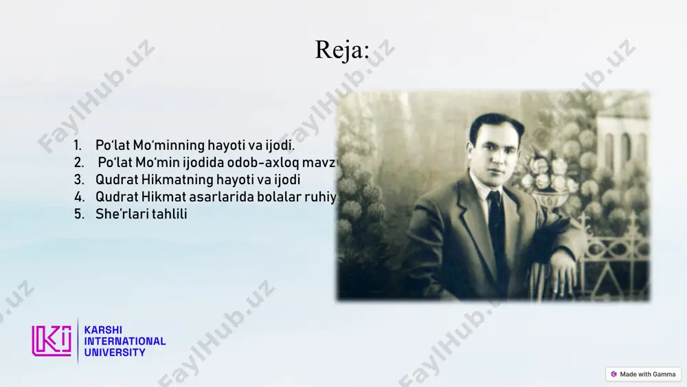 mo‘min po‘lat mo‘min romantik realizm yo‘nalishiga mansub yozuvchi hisoblanadi. uning asarlari sevgi, orzu, insoniylik, milliy qadriyatlar mavzusida yozilgan. qudrat hikmat qudrat hikmat o‘z asarlarida haqiqatni aks ettirishga e'tibor qaratgan. uning ijodi ijtimoiy muammolarni yoritish, insoniy qadriyatlarni targ‘ib qilishga bag‘ishlangan. «mening vatanim» (1950). «baxtli bolalar» (1951), «obodlik» (1953), «do‘stlik» (1954), «uch o‘rtoqning sovg‘asi» (1957), «nevara mehri», "sayrang, qushlar" (1949). shundan keyin uning "tong kuylari" (1949), "oltin boshoqdor" (1951), "tish choʻtkasi ertagi" (1955), "hunardan unar" (1958), "toʻgʻri oʻsgan gul boʻlur" 5 ularning ma'naviy qarashlari 1 insoniylik po‘lat mo‘min va qudrat hikmat insoniy qadriyatlarni yuksak baholaydilar. 2 vatanparvarlik ikkala yozuvchi ham o‘z vataniga sadoqatli bo‘lishni targ‘ib qiladilar. 3 ma'rifat ular ma'rifatli jamiyat yaratishga intiladilar, bilimga e'tibor berishni ta'kidlaydilar. 4 adolat adolat va tenglik g‘oyalari ularning ijodi va hayot yo‘llarida muhim o‘rin tutadi. 6 ijodkorning adabiyot va millat rivojiga qo‘shgan hissasi po‘lat mo‘min qudrat hikmat o‘zbek adabiyotining rivojiga katta hissa qo‘shgan o‘zbek madaniyatini targ‘ib …