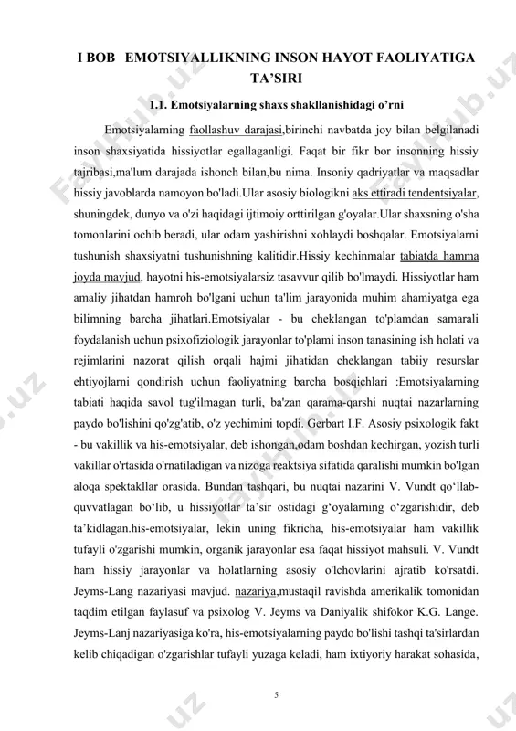 bi edi periferik organik deb ataladi odatda hisobga olinadigan o'zgarishlar hissiyotlarning natijasi. jeyms lanjning nazariyasi hissiyotlarni aylantirishga urinish edi tabiiy o'rganish uchun mavjud ob'ekt rossiya va xorijiy olimlar tomonidan olib borilgan tadqiqotlar shuni ko'rsatdiki, kognitiv inson jarayonlariga hissiyotlar, jumladan diqqat, fikrlash, xotira, idrok etish, fikrlash va o'rganish ta'sir qiladi. emotsiyalar uzoq vaqt davomida o'rganilgan bo'lsa-da, ularning universal ta'rifi yo'q. emotsiyalar murakkablikni tasvirlaydi asab va endokrin tizimlar vositachiligida sub'ektiv va ob'ektiv o'zgaruvchilar o'rtasidagi o'zaro ta'sirlar to'plami.emotsiyalar va inson faoliyati o'rtasidagi o'zaro ta'sir 19-yillarning oxirida o'tkazilgan ko'plab tadqiqotlar natijalari bilan tasdiqlangan. 20-asr boshlarida va hozirgi kungacha davom etmoqda . ushbu tadqiqotlar natijalari shuni ko'rsatadiki, his-emotsiyalarning ishlashga ijobiy yoki salbiy ta'siri hissiyotning intensivligiga bog'liq. hissiyotlar subyektivdir atrofimizdagi va bizda sodir bo'layotgan narsalar o'zlari. bu shuni anglatadiki, har xil odamlar hissiy jihatdan boshqacha munosabatda bo'lishlari mumkin.xuddi shu hodisaga javob bering. masalan, muxlislar uchun sevimli jamoadan ayrilish tushkunlikka tushadi, tushkunlikka tushadi.raqib jamoa muxlislari uchun bu …