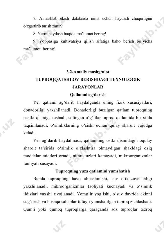 a suv o‘tkazuvchanligini yaxshilash uchun tuproqning yuza qatlami yumshatiladi. tuproqni zichlash tuproq zichlanganda, ya’ni mola bosilganda kapillyar g‘ovakligi ortadi, tuproq kesakchalarining bir-biriga tegib turish oraliqlari kamayadi. natijada umumiy g‘ovaklikka nisbatan kapillyar g‘ovaklik ko‘payadi, tuproq “o‘tiradi”, bu esa urug‘larni bir xil chuqurlikka ko‘mishga, ekish sifatini yaxshilashga imkon beradi. yer tekislash dehqonchilikda ekin ekish va uni parvarish qilish uchun yer tekislashning ahamiyati katta: dala notekis bo‘lsa, urug‘ bir xil chuqurlikka tushmaydi. natijada urug‘lar bir tekis unib chiqmaydi, sug‘orishda yer bir tekis namlanmaydi, notekis yerda nam tez bug‘lanadi. tekis yerda ekinlar sifatli parvarish qilinadi, qishloq xo‘jalik texnikasining ish unumi ancha yuqori boladi. yerni chimqirqarli plugda haydash yer p-5-35m, pn-4-35 rusumli tirkama yoki osma pluglar bilan haydalganda samaradorlik darajasi oshadi. bu pluglarning asosiy korpuslarining ishlash kengligi 35 sm, chimqirqarlariniki 24 sm, ya’ni chimqirqarning kengligi asosiy korpus kengligidan uchdan ikki marta kichik. chimqirqar 12-15 sm chuqurlikdagi qatlamni qirqib, egat tubiga ag‘darsa, asosiy ishchi organi undan …