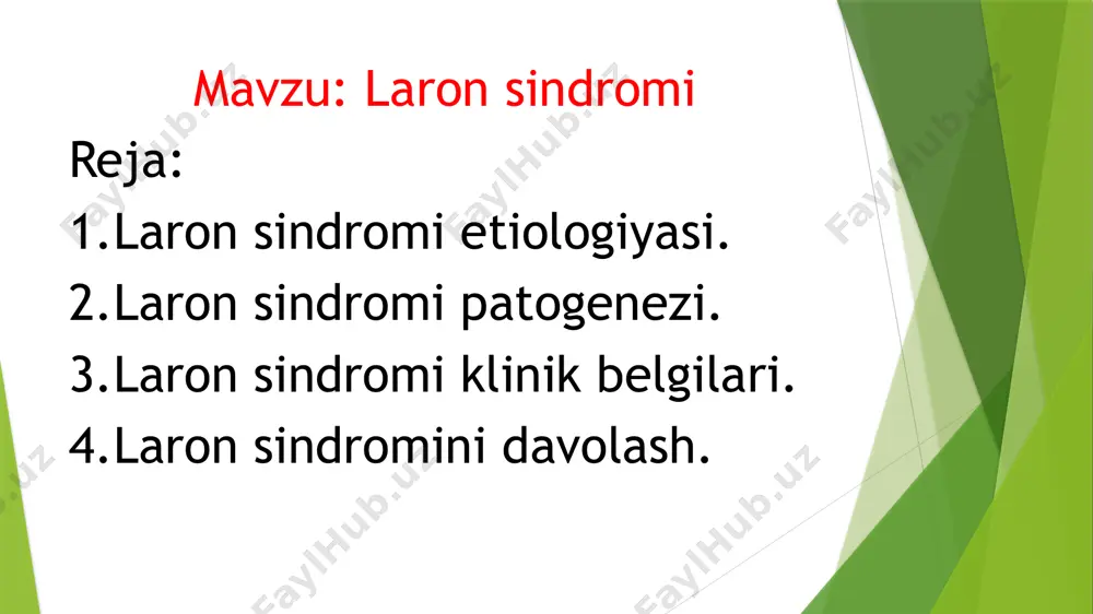shi mumkin. o'sish gormoni retseptorlarining funksional nuqsonlari, shuningdek, boshqa endokrin tizim muammolari bilan ham bog'liq bo'lishi mumkin, laron stg retseptorlarining jigar hujayralarida joylashgan genning nuqsonlari yoki o’sish gormoni genining nuqsonlari tufayli hosil bo’ladi-qon plazmasidagi o’sish gormoni daraja-si oshgan taqdirda ham uning hujayralarga ta’siri keskin zaiflashadi. sog’lom odamda o’sish gormoni insulinga o’xshash o’sish omilining(ifr) sekretsiyasini rag’batlantiradi.bu ayniqsa to’qimalarning o’sishini rag’batlantiradi.laronlarda ifr tarkibi kamayadi,bu laron sindromi bo’lgan odamlarda saraton o’smalari paydp bo’lishining sababi.ko’pincha o’smalar paydo bo’lishiga olib keladigan hujayralardagi dnk o’zgarishlar laron kasalligi bor odamlarda kamroq uchraydi va eng muhimi bunday hujayralar apoptozga uchraydi. laron sindromining patogenezi o'sish gormoni retseptorlarining nuq-sonli ishlashi bilan bog'liq. bu jarayon quyidagi asosiy bosqichlardan iborat: 1. retseptor mutatsiyalari: laron sindromida o'sish gormoni retsep-torlari (ghr) genidagi mutatsiyalar yuz beradi. bu mutatsiyalar retseptorlarning normal funksiyasini buzadi, natijada o'sish gormoni ta'sirini kamaytiradi. 2. o'sish gormoni ishlab chiqarilishi: bemorlarning qonida o'sish gormoni darajalari odatda normal yoki yuqori bo'ladi. biroq, retsep-torlarning nuqsonli …