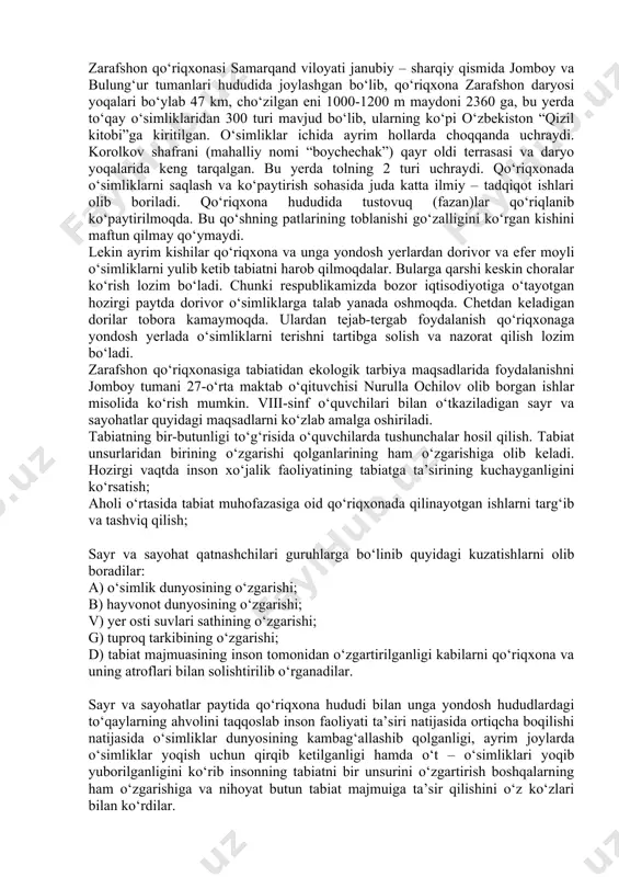 yig‘ma va na’munalar qaytadan ishlanib, izohlanib yozib qo‘yiladi. shuningdek, kundalik daftarlar ham tartibga solinadi. tayyorlangan stend, ko‘rgazma, rasm yuzasidan barcha texnik ishlar qatorlarga bo‘lib beriladi. to‘plangan materiallardan keyinchilik darsga foydalanish mumkin. ular o‘lkashunoslik burchaklari, geografiya xonalariga qo‘yiladi. darsga yangi material o‘tilganda sayr va sayohatlar ma’lumotlariga tayanib ish ko‘radi yoki mavzular o‘tilishi sayr va sayohatlar materiallaridan foydalanadi. suhbat savol – javoblar ko‘rganlari asosida olib boriladi. o‘qituvchi tushuntirish paytida sayr va sayohatlarda muhim bo‘lgan narsalardan misollar keltiradi yoki namunalarni keltiradi. ba’zi hollarda o‘quvchilar ayrim masalalar bo‘yicha ma’ruzalar tayyorlab yangi material bayon etilgan vaqtda ularga qisqacha axborotlar berishni tavsiya etishi mumkin. shunday qilib geografiyadan o‘tkaziladigan sayr va sayohatlar o‘quvchilarni nazariy bilimini amalda tadbiq qilish, kuzatish, sezish xislarini rivojlantirib o‘quvchilar xotirasida uzoq vaqt saqlanadi. sayr va sayohatlar paytida o‘quvchilar tabiiy jarayonlarni kechishini o‘z ko‘zlari bilan ko‘rad, ijobiy va salbiy oqibatlar haqida mulohaza yuritadi. sayr va sayohatlar o‘qituvchi oldiga juda katta mas’uliyat yuklaydi. shuning uchun …