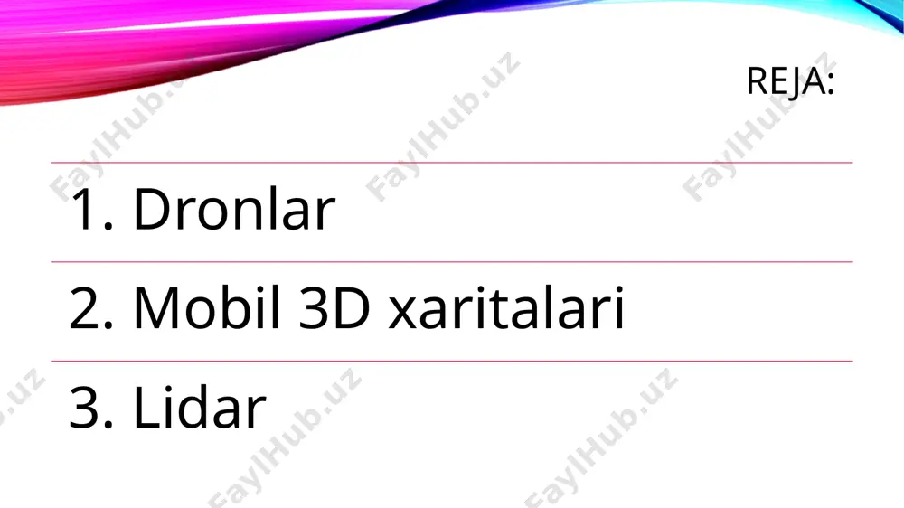 tayin. dronlar ko‘pincha kadastr uchun ishlatiladi, bu esa foydalanishning muhim sohasini ochib beradi. bundan tashqari, ular yerlarni rivojlantirish va boshqarish uchun modellarni yaratish uchun kompyuter yordamida loyihalash dasturlari bilan birlashtirilgan ma’lumotlarni taqdim etishlari mumkin. dronlardan foydalanishning yana bir afzalligi shundaki, u yer haqidagi ma’lumotlar va inshootlarning turli xil fotosuratlarini taqdim etadi. dronlardan to‘plashimiz mumkin bo‘lgan ba’zi ma’lumotlar shakllari quyidagilarni o‘z ichiga oladi: - 2d va 3d ortomozaik xaritalar, ya’ni dron fotosuratlari yordamida yuqoridan pastga qarab havo ko‘rinishini yaratish; - 3d modellar, jumladan, kuchli xaritalash dasturidan batafsil modellar yaratish; - termal xaritalar, xususan, hududdagi g‘ayritabiiy issiqlik imzolarini yozib olish va aniqlash; - lidar nuqtali bulutlari, dronlar ushbu tizimda foydalanish uchun yuqori zichlikdagi nuqta bulutini yaratadi; - multispektral xaritalar ko‘rinadigan yorug‘lik spektridan tashqaridagi ma’lumotlar turli xil foydalanishni taklif qilishi mumkin, jumladan, raketalarni aniqlash va sun’iy yo‘ldosh orqali tasvirlar; - axborotni modellashtirish (bim) bu yuqori aniqlikdagi 3d dasturiy yoki lazerli modellarni oldindan tayyorlangan …