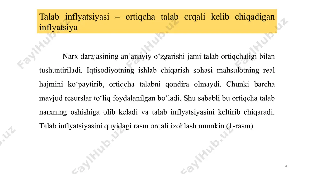 ukumat zayom chiqarib, u o‘zining va xorijiy davlatlarning fuqarolaridan, korporatsiyalardan, tb laridan, jamg‘armalardan va boshqalardan qarz oladi. 14 uchinchidan, iqtisodiyotni harbiylashtirish tufayli inflyatsiya kuchayadi. chunki db xarajatlari oshadi, natijada taqchillik oshib inflyatsiya kuchayadi va 1-inflyatsion samara yuzaga keladi. agar davlat boshqa xarajatlarni tejab, shu hisobiga harbiy sanoatni rivojlantirsa, u holda harbiy iqtisodiyot iste’mol mollari i.ch. da samarali qo‘llash mumkin bo‘lgan barcha resurslarni “yutadi-yeb qo‘yadi”. bu esa iqtisodiyotda fuqarolik i.ch. da nomutanosibliklarni keltirib chiqarib, tovarlar taklifidagi barqarorlikni izdan chiqaradi. oqibatda 2-inflyatsion samara yuzaga keladi. shuni aytish kerakki, mudofaa sektorida bandlar iste’mol bozorida hech qanday tovarlar taklifini oshirmasdan xaridor sifatida qatnashadilar va bu 3-inflyatsion samarani yuzaga keltiradi. 15 to‘rtinchidan, bozorlarni monopollashtirish inflyatsion jarayonni intensivlashtirishga ta’sir etadi. amaliyot ko‘rsatishicha, inflyatsiya bozorlar yuqori darajada monopollashgan iqtisodiyotda tezroq rivojlanadi. bozor hukmron mavqeini saqlash natijasida ular nafaqat yuqori baholarni o‘rnatadilar yoki ushlab turadilar, balki i.ch. hajmini va tovarlar taklifini qisqartiradilar. bu esa talab inflyatsiyasini keltirib chiqaradi. …