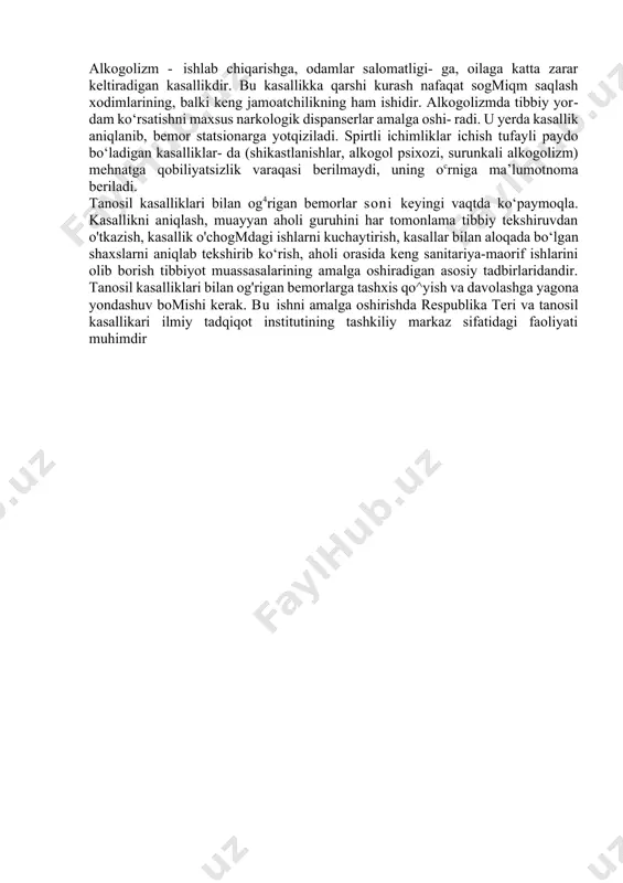 atsiya qilish) ko'rsatish mum- kin. viloyat dispanserlari tashkiliy va uslubiy markaz bo4lib, bemorlarni hisobga oladi va davolaydi. maxsus muassasalarda shu kasallikni davolash ishiga uslubiy rahbarlik qilish, tegishli tibbiy xodimlarni tayyorlash, ularni tashxis va davolash ishlarining yangi vositalari bilan tanishti- rish, sanitariya-maorif ishlarini olib borish vazifalarini bajaradi. ruhiy bemorlarga (psixozlar) maxsus tizimlarda tibbiy yordam ko‘rsatiladi. dispanser usulining muhim xususiyati kasallikni 58~ barvaqt, ya'ni odam hali bu kasallikni oczida sezmagan vaqt- da aniqlashdir. birinchi galda bu vazifa bilan uchastka vrachi shug'ullanishi lozim. biror kasallik bor deb taxmin qilingan bemorlar tekshirish uchun mutaxassis shifokorlarga yuboriladi. davolash-profilaktika muassasalari tekshiruv davomida birorta kasallik aniqlasa bu haqda tegishli dispanserlarga ma'lumot beradilar. u yerda bemorlar muntazam davolanib, shi- fokorlar kuzatuvida bomadilar. bu mazkur kasalliklarga qarshi kurashning muhim shartidir. dispanser bemorlarga lxtisoslashtirilgan yordam (poliklinika va statsionarda) kocrsatib qolmay, ularga sanatoriylarga, sog‘lomlashtirish markazlariga borish uchun yo‘llanma beradi va bu bilan cheklanib qolmay mahalliy kengashlar, kasaba uyushmalari, tashkilot ma'muriyati orqali …
