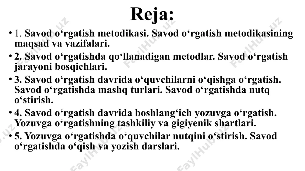 ini belgilaydi, ta’lim-tarbiya berish jarayonini tekshiradi, shu jarayonning qonuniyatlarini va ta’lim berish usullarining ilmiy asoslangan tizimini belgilaydi. metodika fani quyidagi masalalarni o'rganadi: 1. o'qitishning vazifalari va mazm unini aniqlaydi. nimani o'qitish kerak? savoliga javob beradi, ya’ni boshlang'ich sinflar ona tili kursining dasturlarini, ta’lim mazmunini belgilab beradi, o'quvchilar uchun darsliklar va qo'llanm alar yaratib, ularni takomillashtirib, sam aradorligi va muvofiqligini doimiy nazorat qilib boradi. 2. o'qitish metodlari, tamoyillari, usullari, dars va uning turlarini, o'quvchilar amaliy ishlari - mashqlar va yozma ishlaming izchil tizimini ishlab chiqadi, ya’ni „ qanday o'qitish kerak?" savoliga javob tayyorlab beradi. 3. o'quvchilarga ona tilidan bilim berish va ko'nikm a hosil qilishda ilmiy nuqtai nazardan eng foydali shart-sharoitlar haqidagi masalalarni hal qiladi, ya’ni „ nega xuddi mana shunday o'qitish kerak?“ savoliga javob tayyorlaydi. eng foydali materiallarni, metodlarni o'rganadi, tanlangan metodlarni asoslaydi, tavsiyalarni eksperimental tekshiradi. boshlang'ich sinflarda ona tili o'qitish metodikasi fani quyidagi bo'limlarni o'z ichiga oladi: 1. savod …