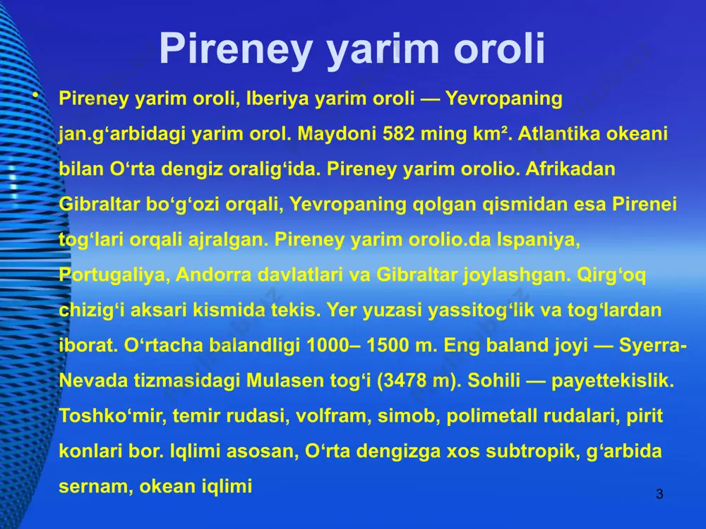 k daryolari — maritsa, morava, struma, iskir, sava. bolqon yarim orolio. jan. qismining va adriatika dengizi sohilining oʻsimliklari oʻrta dengiz oʻsimliklari tipiga kiradi. boshqa qismlaridagi oʻsimliklar markaziy yevropa oʻsimliklariga oʻxshaydi. 14 togʻlarning yon bagʻrida keng bargli va igna bargli oʻrmonlar, yuqorisida oʻtloqlar bor. foydali qazilmalardan kumir, temir rudasi, rangli metallar (mis, rux, qoʻrgʻoshin), simob, boksit, neft bor. bolqon yarim orolio.da bolgariya, albaniya, gresiya, bosniya, gersegovina, makedoniya, xorvatiya, sloveniya, ruminiya, yugoslaviya va turkiyaning bir qismi hamda italiyaning shim.sharqidagi kichik bir qismi joylashgan. 15 bolqon yarim oroli koinotdan ko’rinishi 16 janubiy evropadagi mashhur shaharlar va tarixiy obidalar italiya 17 ispaniya 18 xorvatiya 19 monako 20 image10.jpeg image11.jpeg image12.jpeg image13.jpeg image14.jpeg image15.jpeg image16.jpg image17.jpg image18.gif image19.jpeg image20.jpeg image21.jpeg image22.jpeg image23.jpeg image24.jpeg image25.jpeg image26.jpeg image27.jpeg image28.jpeg image29.jpeg image30.jpeg image31.jpeg image32.jpeg image33.jpeg image34.jpeg image35.jpeg image36.jpeg image37.jpeg image38.jpeg image39.jpeg image40.jpeg image1.jpeg image2.jpeg image3.jpeg image4.jpeg image5.jpeg image6.jpeg image7.jpeg image8.jpeg image9.jpeg