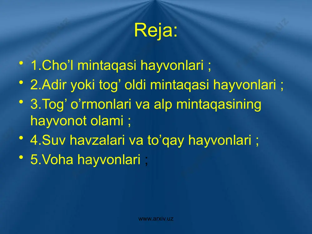 arning hayot sharoiti qumli , sho’rxoq , toshloq cho’llarning hayvonlaridan farq qiladi.bu yerlarda yog’in – sochin bo’lishi faqat qish va bahor oylariga to’g’ri keladi.asosan efemer o’simliklar o’sadi va may oyining oxirlarida bu o’simliklar ham qovjirab qoladi.hayvonlar ham o’simliklar kabi quyosh isitishi bilan uyqudan uyg’onadilar, zo’r berib oziqlanadilar va ko’p o’tmay urchiy boshlashadi. www.arxiv.uz viloyatning cho’l mintaqasida umurtqali sut emizuvchilar , sudralib yuruvchilar , qushlar , suvda ham quruqlikda ham yashovchi hashoratlar , qisqichbaqalar , molyuskalar , chuvalchanglar , va boshqa sodda hayvonlar uchraydi. www.arxiv.uz www.arxiv.uz viloyat cho’l zonasida sut emizuvchilar sinfiga mansub bo’lgan shalpangquloq tipratikan , qum quyon , yumronqoziq , svertsev qushoyog’i , baroq barmoqli qushoyoq , katta qumsichqon , bo;ri , tulki va boshqalar yashaydi.bundan tashqari qarshi dashtining g’arbiy qismlarida korsak ( tulkidan kichikroq ) uchraydi. o’zbekistonda korsak qarshi dashtidan tashqari mirzacho’lda , surxandaryoda , xorazm cho’llarida ham tarqalgan.korsak yaylovlarda zararkunanda kemiruvchilarni yo’q qilib ,chorvachilikka foyda keltiradi.mo’ynasi chiroyli …