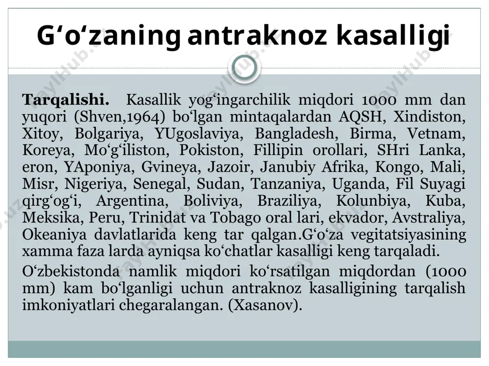 va gulxayridoshlar oilasiga kiradigan o‘simliklarning qismlarini o‘zbekistonga kiritish man etiladi. seleksiya va ilmiy-tadqiqot maqsadida olib kelishga ruxsat berilishi mumkin; bunday chigit zararlanmagan ekanligini aniqlash maqsadida laboratoriyada ekspertiza qilish va 1 yil davomida introduksion-karantin ko‘chatzorida ekib tekshirish talab etiladi. undan tashqari, olib kelingan urug‘lik chigit 1) zararlanmagan dalalardan yig‘ib olinganligi hamda 2) qo‘zg‘atuvchiga qarshi tegishli, yuqori samarali fungitsid bilan puxta dorilangan ekanligi haqida eksport sertifikati bo‘lishi lozim. g‘o‘zada antraknoz tarqalgan mamlakatlardan olib kelingan gulxayridoshlar oilasiga mansub o‘simliklar urug‘larini ham yuqorida ko‘rsatilgan usullar yordamida tekshirish va zararsizlantirish talab etiladi. g’o’zaning texas ildiz chirish kasalligi tarqalishi. bu kasallik afrika (somali), aqsh (arizona, arkanzas, kaliforniya, luiziana, nevada, yangi meksika, okla xoma, texas, yuta shtashlarida), dominikan respublikasi va meksikada), gavay orallarida keng tarqalgan karantin kasalliklari qatoriga kiradi. birgina texass shtatida 10- 15 % paxta xosili nobud bo‘ladi. bu kasallik bilan asosan g‘o‘za va 200 dan ortiq ikki pallali o‘simliklarni kasallantiradi. ular orasida 31 ta muxim …