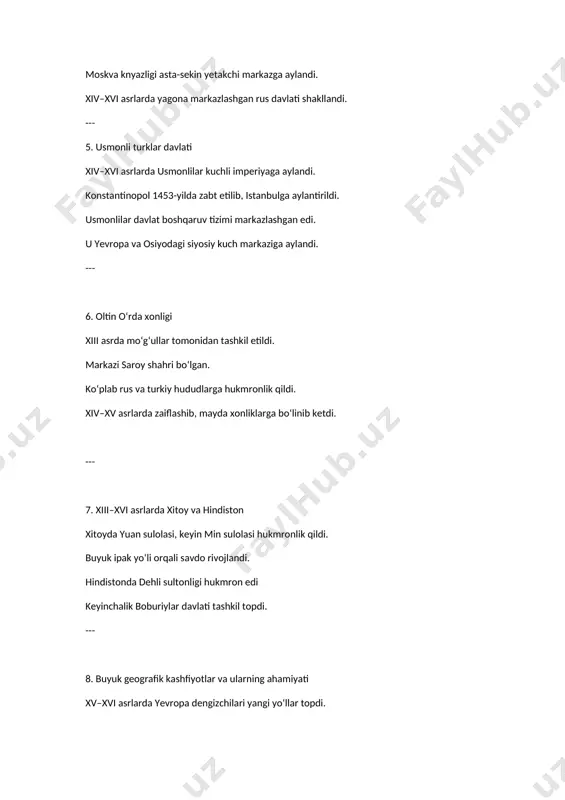 va ularning ahamiyati xv–xvi asrlarda yevropa dengizchilari yangi yo‘llar topdi. xristofor kolumb, vasko da gama, magellan safarlari mashhur. natijada yangi qit’alar ochildi, savdo kengaydi. kapitalizm va mustamlakachilik jarayoni kuchaydi. --- 9. yangi davr boshlarida g‘arbiy yevropada industrial jamiyat xv–xvi asrlarda manufaktura ishlab chiqarishi rivojlandi. mehnat taqsimoti va texnika taraqqiyoti tezlashdi. kapitalistik munosabatlar kuchaydi. industrial jamiyat shakllanishiga zamin yaratildi