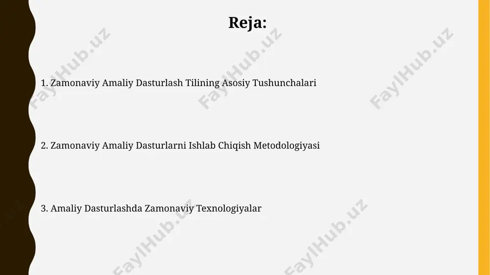 mkoniyatini beradi, bu esa qurg'oqchilikka chidamli ekinlarni etishtirishda ham muhim rol o'ynaydi. sun'iy intellekt sohasidagi global bozor hajmi 2025-yilga kelib 190 milliard aqsh dollariga yetashi kutilmoqda va bu texnologiya dunyoning turli mamlakatlarida, jumladan o'zbekistonda ham faol rivojlanmoqda. mobil dasturlarni ishlab chiqish o'zbekistonda mobil dasturlar bozorining o'sishi yiliga 15% ni tashkil etadi va 2025 yilga kelib, toshkent shahri mobil ilova ishlab chiqaruvchilarining asosiy markaziga aylanishi kutilmoqda. mobil dasturlarni ishlab chiqishda kotlin, swift, java kabi dasturlash tillari, shuningdek, react native, flutter kabi cross-platform ramkalari keng qo'llanilmoqda. bu esa 30% ga yaqin vaqtni tejashga yordam beradi. ob'ektga yo'naltirilgan dasturlash ob'ektga yo'naltirilgan dasturlash (ood) 1960-yillarning oxirlarida, simula 67 dasturlash tili yaratilishi bilan paydo bo'lib, keyinchalik smalltalk kabi tillar orqali 80-yillarda keng tarqaldi. ood yordamida murakkab dasturiy ta'minot sistemalari, 1000 dan ortiq sinflar va 5 million satrdan ortiq koddan iborat bo'lishi mumkin, bu esa kaliforniyadagi silikon vodiysidagi yirik texnologiya kompaniyalari uchun muhim omil hisoblanadi. o'yin …