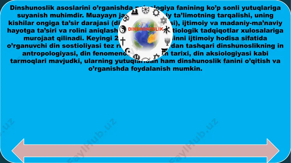ni asosli tahlil qila oladigan ilmiy dunyoqarashni shakllantirishdan iborat. bunga erishishda o’zbekiston respublikasi konstitustiyasi, «vijdon erkinligi va diniy tashkilotlar to’g’risida»gi qonun, jinoyat, fuqarolik, oila kodekslaridagi din va vijdon erkinligi haqidagi ko’rsatmalar, qoidalar dasturulamal bo’lib xizmat qiladi. eng qadimgi zamonlardan boshlab falsafiy tafakkurda din masalasi faylasuf olimlar diqqatini o’ziga jalb etib kelgan. dinga ta’rif va tavsiflar berilgan. falsafiy dunyoqarashda dinni g’oyalar tizimi sifatida tahlil etuvchi din falsafasi yo’nalishi shakllangan. psixologiya fani tarmoqlari murakkab hodisa bo’lgan dinni inson ruhiyati bilan bog’liq holda tahlil qilganlar. buning natijasida din psixologiyasi fani shakllangan va rivojlangan. eng qadimgi zamonlardan boshlab falsafiy tafakkurda din masalasi faylasuf olimlar diqqatini o’ziga jalb etib kelgan. dinga ta’rif va tavsiflar berilgan. falsafiy dunyoqarashda dinni g’oyalar tizimi sifatida tahlil etuvchi din falsafasi yo’nalishi shakllangan. psixologiya fani tarmoqlari murakkab hodisa bo’lgan dinni inson ruhiyati bilan bog’liq holda tahlil qilganlar. buning natijasida din psixologiyasi fani shakllangan va rivojlangan. dinshunoslik asoslarini o’rganishda psixologiya fanining ko’p …
