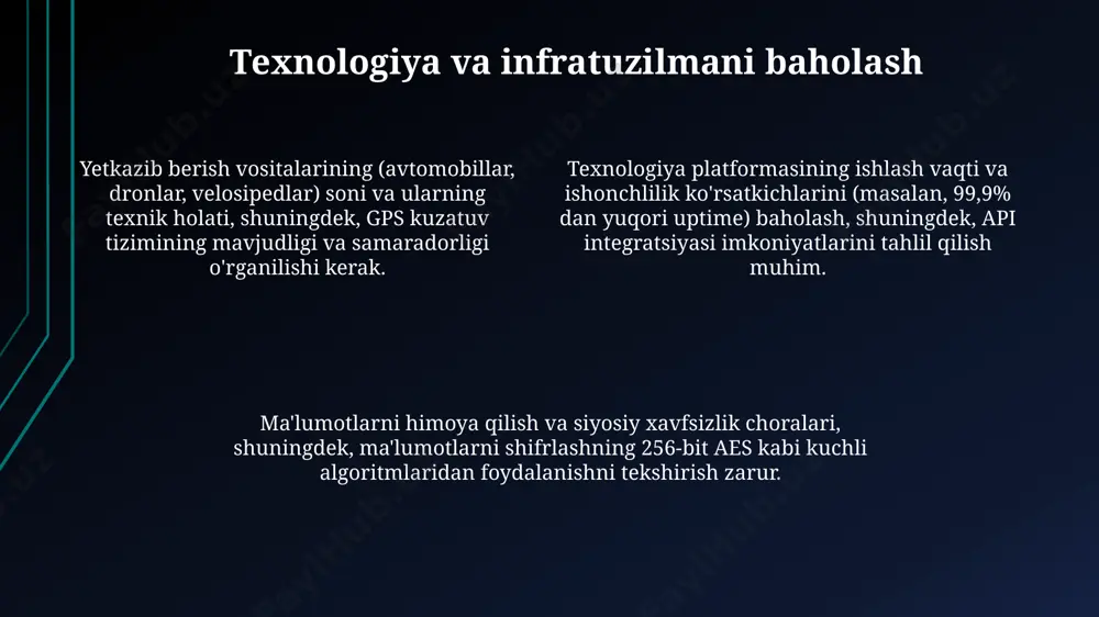 tajribasini, mijozlarning 90% dan ortiq ijobiy baholarini va o'rtacha yetkazib berish vaqtini (24 soat ichida) hisobga oling. bozor tahlili va raqobatchilarni o'rganish mijozlarning 40% dan ortig'i yetkazib berish tezligi va ishonchliligini muhim mezon deb hisoblaydi, bu esa xizmat ko'rsatish sifatini oshirish bo'yicha strategiyani ishlab chiqish zarurligini ko'rsatadi. bozor hajmini baholashda, 5 ta yirik shaharlarda yetkazib berish xizmati bozorining 2023 yilgi hajmi taxminan 150 milliard so'mni tashkil etganligi va bu ko'rsatkichning yillik o'sish sur'ati 10-15% atrofida ekanligi aniqlandi. raqobatchilar tahlili shuni ko'rsatdiki, 3 ta yirik o'yinchi bozor ulushining 70% dan ortig'ini egallagan bo'lib, ularning yetkazib berish muddati va narx siyosati jihatidan farqlari mavjud. logistika infratuzilmasi rivojlanishi ham tahlil qilingan. kerakli xizmatlarni aniqlash va talablarni shakllantirish yetkazib berish muddatlari (24 soat ichida yetkazib berish, 3-5 kun ichida yetkazib berish) va minimal buyurtma hajmi kabi omillarni aniqlab, talablarni batafsil bayon qilish lozim. kerakli xizmatlarni aniqlashda kamida 3 ta asosiy etkazib berish varianti (masalan, …