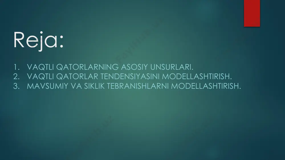alarga ega bo’lmaydi, ularning har bir keyingi darajasi qatorning o’rtacha darajalari yig’indisi va ayrim (manfiy yoki musbat) tasodifiy komponentalardan tashkil topadi. albatta, yuqoridakeltirilgan modellarning hech biridan to’lig’icha haqiqiy ma’lumotlar kelib chiqmaydi. asosan, modellar uchchala komponentalarni o’z ichiga oladi. qatorning har bir darajasi tendentsiya, davriy tebranishlar va tasodifiy komponentalar ta’sirida shakllanadi. ko’p holatlarda vaqtli qatorlarning haqiqiy darajasini trend, tsiklik va tasodifiy komponentalarning yig’indisi yoki ko’paytmasi shaklida tasavvur qilish mumkin. uchchala komponentalarning yig’indisidan tuzilgan model vaqtli qatorning additiv modeli deyiladi. chala komponentalarning ko’paytmasidan tuzilgan model vaqtli qatorning multiplikativ modeli deyiladi. vaqtli qatorlar tendensiyasini modellashtirish vaqtli qatorlar tendentsiyasini modellashtirishning keng tarqalgan usullaridan biri qator darajalarini vaqtga bog’liqligini yoki trendni tavsiflovchi analitik funktsiyalarni tuzishdan iborat. bu usul vaqtli qatorlarni analitik tekslash deb ataladi. vaqt bo’yicha bog’lanishlar turli shakllarda bo’lishi mumkin, ularni aniq bir shaklga keltirish uchun turli ko’rinishdagi funktsiyalardan foydalaniladi. trendlarni tuzish uchun ko’proq quyidagi funktsiyalar qo’llaniladi: yuqorida keltirilgan trendlarning har birining parametrlarini oddiy …