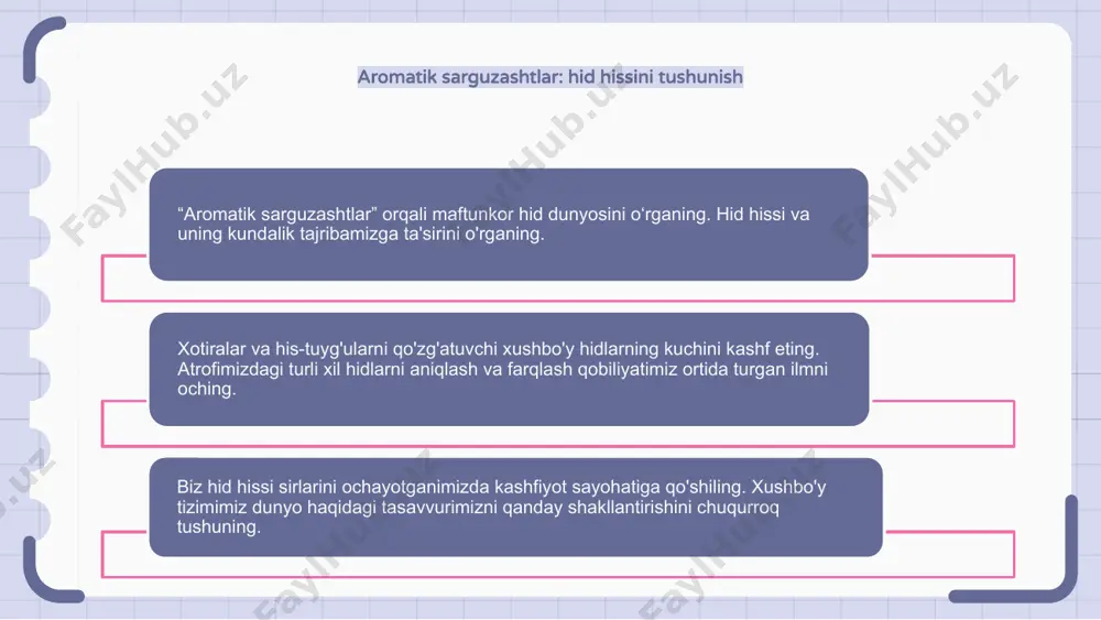 uchaytirish hid hissi ko'pincha e'tibordan chetda qoladi, lekin u bizning kundalik hayotimizda hal qiluvchi rol o'ynaydi. hid tuyg'usini kuchaytirish orqali biz atrofimizdagi dunyoni yaxshiroq tushunishimiz mumkin. yangi pishirilgan nonning xushbo'y hididan tortib, bahor gullarining hidigacha bizning hid hisimiz kuchli xotiralar va his-tuyg'ularni uyg'otishi mumkin. bu tuyg'uni rivojlantirish bizga quvonch va boylik olib kelishi mumkin. amaliyot va xabardorlik bilan biz hid hisimizni keskinlashtirishimiz va hissiy tajribalarning butunlay yangi dunyosini ochishimiz mumkin. buruningizning kuchini qabul qiling va u sizni hayotni chuqurroq tushunishga yo'naltirsin. xushbo'y mo''jizalar: hid hissi sirlari hid yoki hid hissi bizning eng kuchli hislarimizdan biridir. u xotiralarni, his-tuyg'ularni uyg'otishi va hatto xatti-harakatlarimizga ta'sir qilishi mumkin. xushbo'y mo''jizalar murakkab jarayonni o'z ichiga oladi, bu erda havodagi molekulalar burundagi maxsus hujayralar tomonidan aniqlanadi va talqin qilish uchun miyaga yuboriladi. hid hissining sirlari uning minglab turli xil hidlarni qanday ajratishi va miyamizda o'ziga xos reaktsiyalarni qo'zg'atishi mumkinligidadir. hidlardan lazzatlanish: hid hissini qadrlash bizning …