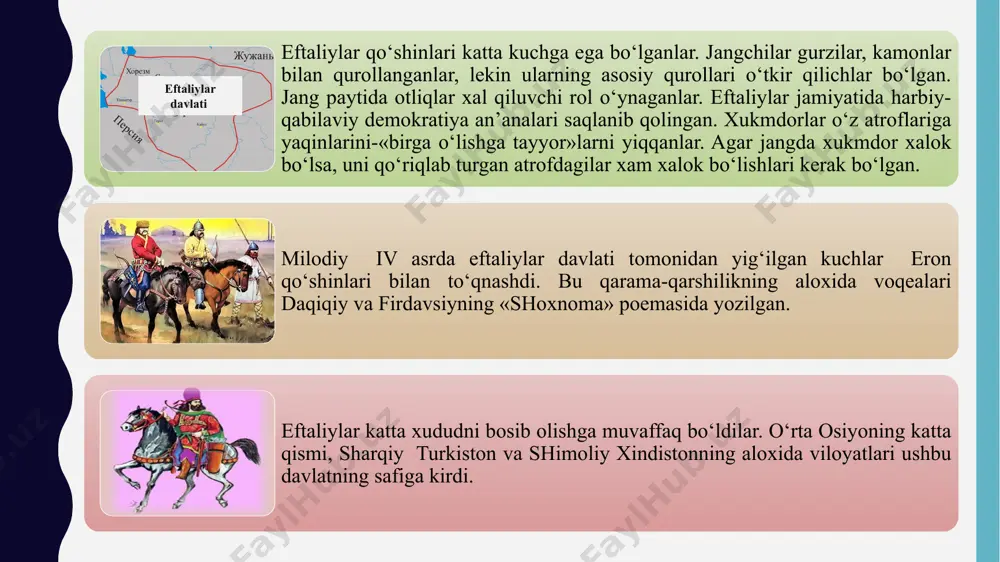 a ijtimoiy-iqtisodiy farqliliklar boʻlgani, yaʼni qaysidir bir etnos boshqalariga nisbatan ancha taraqqiy etgan sharoitda yashagani yaqqol maʼlum emas. xoʻsh, unda xoqonlikning asoschi qabilalari qisqa muddatda bunday katta imperiyani yaratishlariga qanday omil sabab boʻldi ekan? toʻgʻri, ushbu savolga ular mukammal otliq qoʻshinga ega boʻlishgan, bu esa ularning harbiy muvaffaqiyatini taʼminlagan shaklida javob berish mumkin. xoqonlik qoʻshinining qurol-yarogʻlari ancha mustahkam boʻlganini tasdiqlaydigan maʼlumotlar nafaqat xoqonlikning markaziy hududlari boʻlmish mazkur joylardan, balki xoqonlik tarkibida boʻlgan oʻtroq vohalardan topilgan arxeologik materiallarda ham oʻz tasdigʻini topgan. jumladan, uzoq yillar davomida panjikent shahar xaroblarida arxeologik qazishmalar olib borgan v. i. ras-popova vii–viii asrlarda sugʻdda qoʻllanilgan qurol-aslahalarga qadimgi turklarning katta taʼsiri boʻlganini taʼkidlaydi. gʻarbiy turk xoqonligida qoʻshin “oʻnlik tizim”dan tashkil topgan edi. buning misolini qadimgi turk bitiktoshlari, xitoy yilnomalari va arab manbalarida keltirilgan maʼlumotlardan topish mumkin. jumladan, bitiktoshlarda uchraydigan “oʻn oʻq” atamasining oʻziyoq har biri 10 mingdan jangchi yetishtirib beruvchi 10 ta turk qabilasi maʼnosida boʻlgan. xitoy …
