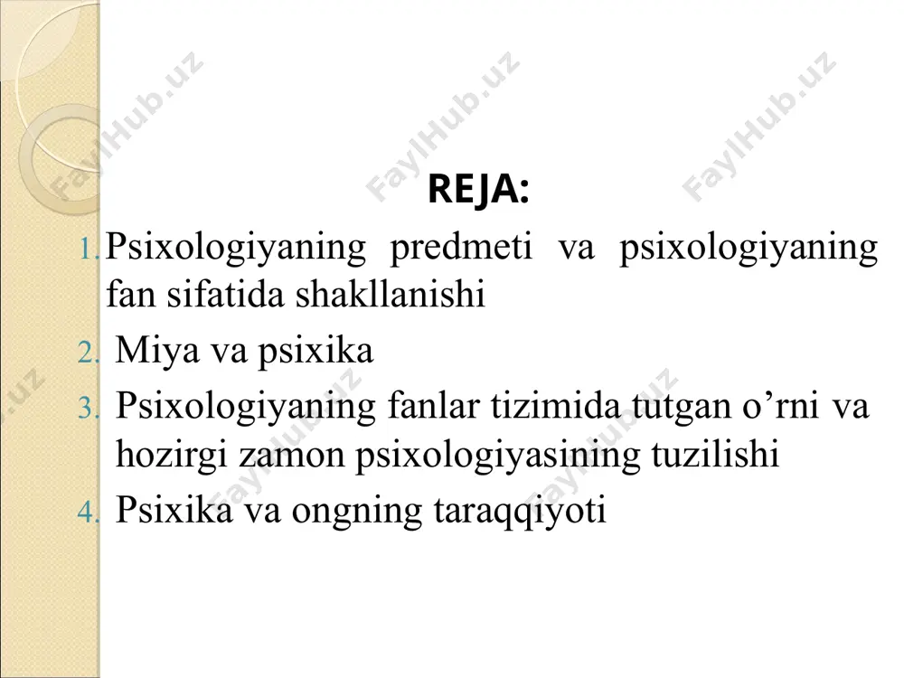 a'lum qonuniyatlarga bo’ysunadi. psixologiya shunday qonuniyatlarni mohiyatini ochishga, ularni tarkib topishi va rivojlanishini o’rganishga qaratilgandir. ushbu qonuniyatlarni bilish, ularni boshqarish, tashkil etish, ta'lim-tarbiya jarayonini to’g’ri olib borishga yordam beradi. psixologiyaning fan sifatida shakllanisi insonda jismoniy tanadan tashqari undan farqlanuvchi yana nimadir borligi haqidagi tasavvurlar qadimdanoq mavjud bo’lgan. eng qadimgi davrlardayoq inson tush ko’rish hodisasi orqali ayrim odamlarning noyob qobiliyatlari (masalan, ovdagi muvaffaqiyatlar) o’lim va boshqa hodisalarning sabablarini tushuntirishga intilgan. ammo dastlabki qarashlar mifologik xarakterda edi. ular fikrlash orqali emas, ko’r-ko’rona ishonch vositasida egallanardi. ruh haqidagi qarashlar ko’pincha nafas bilan bog’lanardi, ruhni esa uchar mahluq sifatida tasavvur etardilar. psixologiya haqidagi fikrlar qadim zamonlardan beri mavjuddir. ilk davrlarda psixologik xususiyatlarni jonning ishi deb tushuntirilgan. jonning o’zi esa odam tanasidagi maxsus ikkilamchi jism deb qaralgan. bunday tasavvurlar "animizm" deb ataladi. animizm so’zi -anima "jon" degan ma'noni anglatadi. jon o’z mohiyatiga ko’ra olovsimon uchqundan iborat ekanligi geraklit tomonidan, yoki olovsimon atomdan iboratligi demokrit tomonidan …