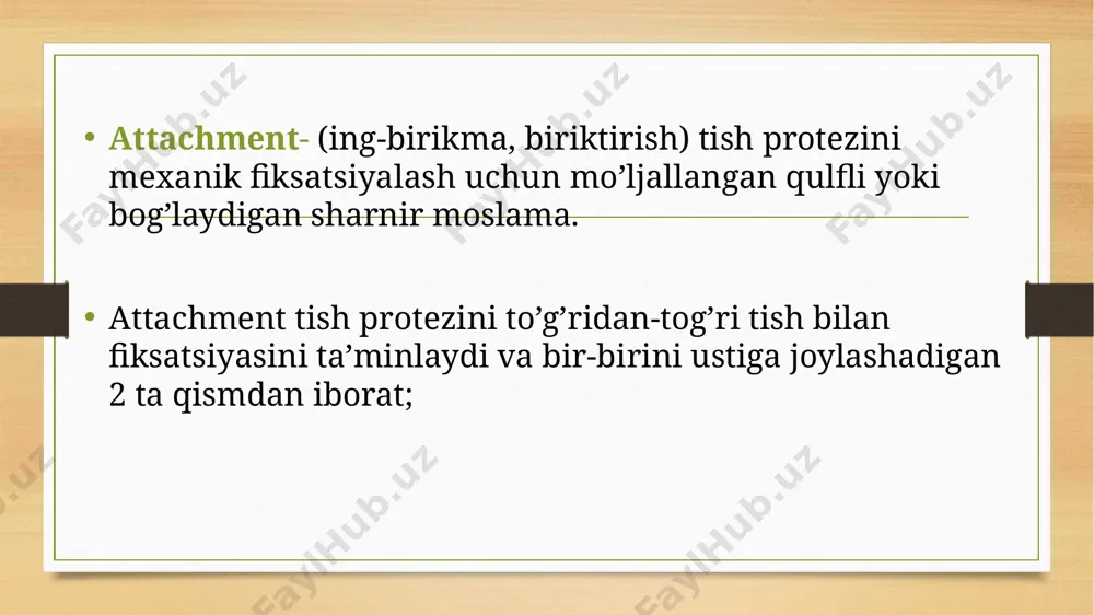 o’xshash ko’rinishga ega sferasimon attachmentlar – bu attachmentlar patritsasi ko’proq sferaga o’xshash ko’rinishga ega, ammo u o’zgargan bo’lishi mumkin. chet el adabiyotlarida ushbu qulfli mahkamlagichlarning ishlash prinsipini ,,bosish tugmachasi’ deb nomlanadi sferasimon attachmentlarning patritsasi ildiz qopqog’ida, to’sinda, tayanch tishning sun’iy qoplamasida joylashishi mumkin. agar patritsa tayanch tishning ildizida yoki implantatda joylashgan bo’lsa, bunday attachmentlar-birikmalar ankerlar-langarlar deb ataladi sferasimon qulfli mahkamlagichlarining patritsasi va matritsasi orasida bo’sh joy qoldirilishi mumkin, bu esa chaynash bosimi ta’sirida protezning olib qo’yiladigan qismini vertical yoki aylanadigan harakatlarga imkon beradi. e’tiboringiz uchun raxmat image1.png image2.png image7.png image8.png image9.png image10.png image11.png image12.png image13.png image14.png image15.png image16.png image17.png image18.png image19.png image20.png image3.png image4.png