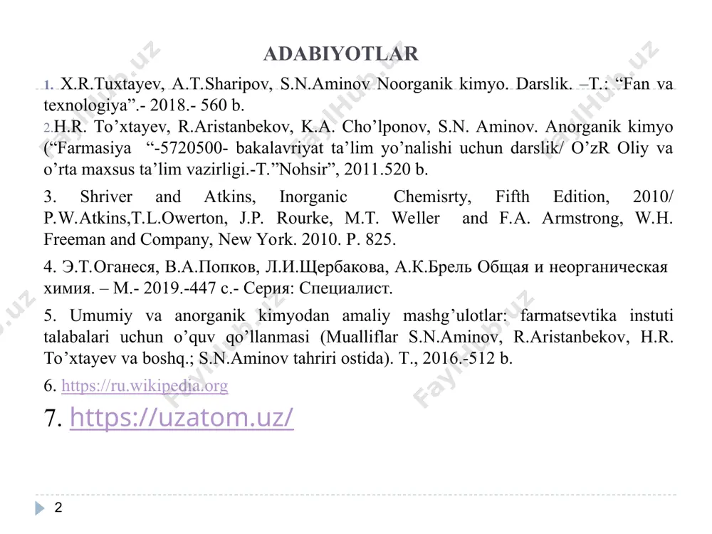 nazariyasini yaratdi. atomning yadroviy tuzilishi tomson modeli a-zarrachalarning yupqa metall pardadan o’tishi  = a(z-b) z element tartib nomeri; a, b doimiy sonlar; - rentgen nurlanishi to’lqin chastotasi; = 1/  rentgen nurlari to’lqin uzunligi. 1913 y. rezerford o’quvchisi mozli atomning rentgen spektrlarini o’rgandi 1932 y. d.i.ivanenko va geyzenberg atom tuzilishining proton neytron nazariyasini yaratdilar n = a – z n- atomdagi neytronlar soni; a-element atom massasi; z-element tartib nomeri. 1932 y. dj. chedvik neytronni ochdi. neytron protonga proton neytronga atom modeli 3. yadro reaksiyalari 1919 y. e rezerford 1-chi yadro reaksiyasini amalga oshirdi. 1939 yil issiq neytronlar ta’sirida u u bo’linishida 200 mvt energiya ajralib 2 ta yadro hosil bo’ladi; bu energiya 2 mln kg yuqori sifatli ko’mir parchalanganda hosil bo’ladigan energiyaga teng. vodorordning termiyadro reaksiyasi: bu reaksiyada 6,87 мvt energiya yoki 644 миллион кдж/моль 1 g vodorodga nisbatan energiya chiqadi. bu uyqori sifatli ko’mir yonganda chiqadigan energiyadan 15 …