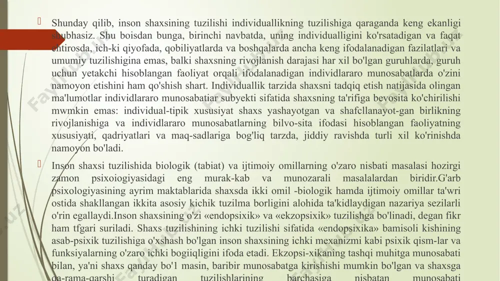 ologiyasini anglab yetish uchun zarur, lekin yetarli bo'lmagan tizimli tarzda tuzilishi kiradi. shu tariqa shaxs tuzilishining birinchi tarkibiy qismi uning individ ichkarisidagi (introindivid) kichik tizim alohida namoyon boiadi. introindivid va inter kichik tizimlari shaxsning o'zini namoyon qilishning barcha jihatlarini aks ettira olmaydi. shaxsning tuzilishini tarkib toptiradigan uchinchi bir qismni metaindivid (individning ustki ko'rinishi) kichik tuzilishini ham alohida ko'rsatish imkoniyati mavjud.shunday qilib, inson shaxsining tuzilishi uchta tarkibiy qismdan, uchta kichik tizimdan iborat: shaxsning individualligi, uning shaxsla-raro munosabatlar tizimida va boshqa - odamlarda gavdalanganligi hamda shaxsning o'zi kelib chiqishiga ko'ra individlararo ijtimoiy munosabatlar va aloqalar subyekti sifatida mavjud bo'lishiga barcha uchala jihatning birligida ta'riflangan bo'lishi shart. 2. shaxsning faolligi va yo'naltirilganligi kishining tevarak atrofga munosabati, hamkorlikdagi faoliyati va ijodiy ish jarayonida namoyon bo'ladigan ijtimoiy ahamiyatga molik o'zgarishlar qilish layoqati shaxsning faolligi sifatida tushuniladi. shaxs faolligining ancha umumiy tarzdagi, birikma holidagi ta'rifi uning g'oyaviy prinsipligida, o'z nuqtai nazarini izchil himoya qila borishida, so'zi …