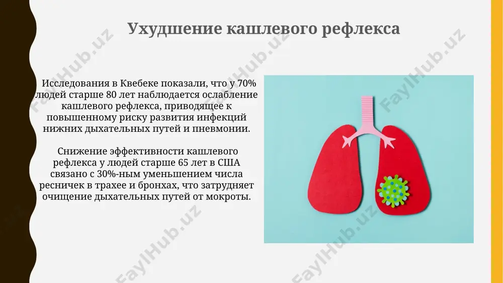 ти мукоцилиарного клиренса, что связано с дегенеративными изменениями в эпителиальных клетках и снижением активности ресничек. возрастные изменения легочной ткани с возрастом эластичность лёгочной ткани уменьшается на 20-30%, что приводит к снижению легочных объемов и развитию эмфиземы, особенно у курильщиков в возрасте после 60 лет в регионах с высоким уровнем загрязнения воздуха. с возрастом в легочной ткани увеличивается количество фиброзной ткани, замещая паренхиму, что в сочетании с нарушением дренажной функции бронхов, приводит к увеличению риска развития инфекционных заболеваний нижних дыхательных путей у людей старше 75 лет в разных климатических зонах россии. повышенная восприимчивость к инфекциям снижение активности реснитчатого эпителия в бронхах у людей старше 65 лет в сша приводит к замедлению мукоцилиарного клиренса, что увеличивает риск развития инфекций лёгких на 30-40%. исследования показали, что в возрасте 80 лет и старше, количество альвеолярных макрофагов в лёгких жителей японии уменьшается на 25%, что ослабляет фагоцитарную активность и способствует развитию пневмонии. возрастные изменения бронхов …