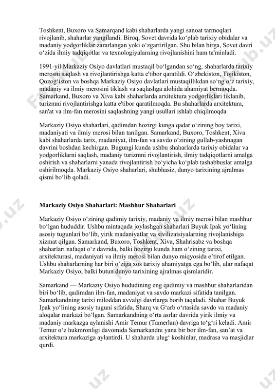 adrasasi kabi yirik diniy va ilmiy markazlar o‘zining zamonidagi eng ilg‘or ilmiy tadqiqotlarni amalga oshirgan. buxoroda islomiy ilm-fan, adabiyot, tibbiyot va astronomiya rivojlangan. toshkent — toshkent shahri, bugungi kunda o‘zbekistonning poytaxti sifatida o‘zining siyosiy va iqtisodiy ahamiyatiga ega. tarixiy jihatdan toshkent ham juda qadimiy shahar bo‘lib, o‘rta asrlar davrida buyuk ipak yo‘lida joylashgan savdo markazlaridan biri bo‘lgan. toshkentda islom dini joriy bo‘lishi bilan birga, shahar ilm-fan, san'at va madaniyatning markazlaridan biri sifatida rivojlanishni davom ettirdi. sovet davrida toshkent sanoat va ilm-fan markaziga aylandi. bugungi kunda toshkentning tarixiy obidalari, masjidlar va me'moriy inshootlari hali ham o‘zining go‘zalligi va ahamiyatini saqlab qolmoqda. xiva — xiva shahri o‘rta asrlar davrida xorazmning poytaxti sifatida juda muhim ahamiyatga ega bo‘lgan. xiva, o‘zining o‘rta asrlar arxitekturasi bilan ajralib turadi. xivada joylashgan ichan-qala qal'asi va boshqa tarixiy obidalar unesco tomonidan jahon merosi ro‘yxatiga kiritilgan. xiva shahri o‘zining boy tarixiy yodgorliklari va o‘ziga xos arxitekturasi bilan tanilgan. buyuk …