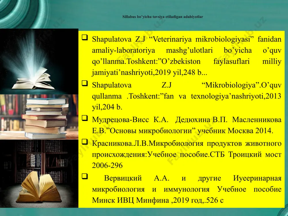o’zg’atuvchilarining katta gruppasini tashkil etadi. mikroorganizmlarning parazitlik xususiyatlari, aftidan, tirik organizmda yashashga uzoq moslashib borish natijasida vujudga kelgan. infeksion kasallikni keltirib chiqaradigan mikroorganizmlar patogenlik. virulentlik. spetsifiklik va organotroplik xossalariga egadir. patogenlik yoki kasallik paydo qilish xususiyati infeksion kasalliklar quzg’atuvchilarining turiga xos belgisi bo’lib, nasldan naslga o’tib boradi. mikroorganizm bilan xo’jayin organizmi o’rtasidagi murakkab o’zaro ta’sir jarayonini «infeksiya» termini bilan belgilanadi. bu—mikroorganizm bilan patogen mikroblar o’zaro ta’sirining har qanday shaklini o’z ichiga oladigan biologik xodisadir. infeksiya, infeksion jarayon to’g’risida tushuncha infeksiya – (lotinchadan infectio) yuqtiraman degan ma’noni anglatadi. infeksiya deganda tashqi muhit sharoitida hayvon organizmi va patogen mikrob - kasallik qo’zg’atuvchi orasida vujudga keladigan murakkab biologik jarayon, o’zaro kurash ta’siri tushiniladi. organizm va mikroblar o’zaro ta’sirining eng ifodalangan shakli infeksion kasallik hisoblanadi. bu organizmning shunday holati-ki, bunda qo’zg’atuvchi ta’siriga javoban ma’lum patologik jarayonlar rivojlanadi. infeksion jarayonlarga tashqi muhit ommillari katta ta’sir ko’rsatadi. infeksiya yashirin va yaqqol klinik belgilari bilan, abortiv va …