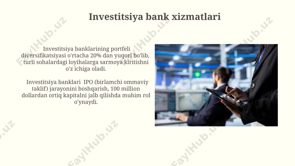 amida yiliga 2 marta, audit va tekshiruvlar orqali baholanadi. banklarning faoliyati markaziy bank tomonidan qat'iy nazorat qilinadi, bu esa minimal kapital talablari (masalan, bazel iii shartnomasi bo'yicha) va kreditlashning maksimal chegaralarini o'z ichiga oladi. to'lovlarni amalga oshirish kichik va o'rta biznes sub'ektlariga banklar tomonidan taqdim etiladigan to'lov xizmatlari narxi har bir operatsiya uchun o'rtacha 1000 so'mdan 5000 so'mgacha o'zgarib turadi va bu to'lov hajmidan bog'liq. banklararo to'lov tizimlari orqali amalga oshiriladigan to'lovlarning tezligi o'rtacha 1-3 soniyani tashkil etadi va bu xalqaro to'lovlarga nisbatan ancha tezkor hisoblanadi. valyuta almashinuvi кўпчилик тижорат банклари валюта алмашинуви операциялари учун кунига ўртача 500 млн сўмдан ортиқ операцияларни амалга оширади ва бу сумма мавсумийликка боғлиқ ҳолда ўзгаради. валюта алмашинувидаги фоиз ставкалари мижозлар тоифасига (юридик ёки жисмоний шахс), алмашинув суммаси ва валюта турига кўра 0,5% дан 2% гача ўзгариши мумкин. e'tiboringiz uchun rahmat @taqdimot_robot image2.jpg image3.jpg image4.jpg image5.jpg image6.jpg image7.jpg image8.jpg image9.jpg image10.jpg image11.jpg image12.jpg image13.jpg