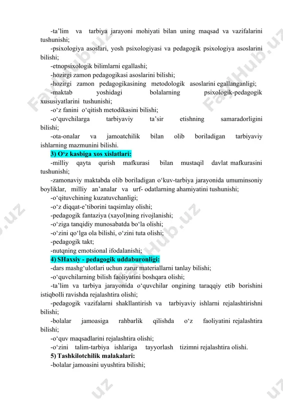 iyoti, o‘zbek maktablarida rus tili va adabiyoti, matematika, jismoniy tarbiya o‘qituvchilari va maktabgacha tarbiya muassasalarining tarbiyachilari kabi qator mutaxassisliklar bo‘yicha o‘qituvchi professiogrammasining taxminiy modelini, ya’ni namunasini aniqlab olish imkoniyatini berdi. har bir mutaxassislik bo‘yicha o‘qituvchining ixtisoslashgan xarakteristikasini nazarda tutgan professiogrammasi tuziladi. jumladan, maktabning o‘qituvchi-murabbiysi professiogrammasini misol qilib keltiramiz. professiogrammada muhim xislatlardan borgan sari birmuncha ortib borishini hisobga olgan holda o‘qituvchining quyidagi xislatlari ko‘rsatib berilishi lozim. 1) o‘qituvchining shaxsiy xislatlari: -bolalarni yaxshi ko‘rish, ularni sevish; -amaliy-psixologik akl-farosatlilik; -mehnatsevarlik; -jamoat ishlarida faollik; -mehribonlik; -kamtarlik; -odamiylik, dilkashlik; -uddaburonlik, mustahkam xarakterga ega bo‘lish; -o‘z bilimlarini oshirishga intilish. 2) kasbiga xos bilimlari: -ta’lim va tarbiya jarayoni mohiyati bilan uning maqsad va vazifalarini tushunishi; -psixologiya asoslari, yosh psixologiyasi va pedagogik psixologiya asoslarini bilishi; -etnopsixologik bilimlarni egallashi; -hozirgi zamon pedagogikasi asoslarini bilishi; -hozirgi zamon pedagogikasining metodologik asoslarini egallanganligi; -maktab yoshidagi bolalarning psixologik-pedagogik xususiyatlarini tushunishi; -o‘z fanini o‘qitish metodikasini bilishi; -o‘quvchilarga tarbiyaviy ta’sir etishning samaradorligini bilishi; -ota-onalar va …
