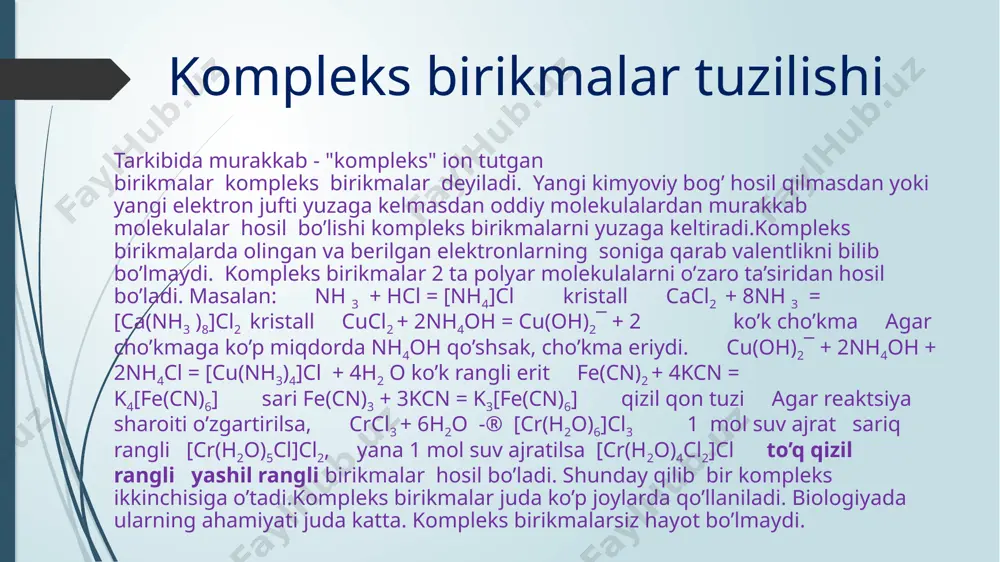 okobalt (iii)-xlorid. no, so gruppalar to’g’ridan-to’g’ri metall atomi bilan bog’langan bo’lsa, ularni nitrozil, karbonil deyiladi. kation kompleks birikmalarda oldin ligandlarning soni, so’ng nomi o’qilib, so’ngra kompleks hosil qiluvchi o’qiladi va uning oksidlanish darajasi ko’rsatiladi, oxiridf tashqi sfera ioni o’qiladi. [cu(nh3)4]so4 - tetraaminmis (ii) - sulfat [al(h2o)6]cl3 - geksaakvaalyuminiy (iii) - xlorid [crcl(h2o)5]cl2 - xloropentaakvaxrom (iii) - xlorid. anion kompleks birikmalarda oldin tashqi sfera ioni so’ngra ligandlarning soni va nomi o’qilib, oxirida kompleks hosil qiluvchining nomiga –at qo’shimchasi qo’shib o’qiladi va uning oksidlanish darajasi aytiladi. k2[be(oh)4] – kaliy tetragidroksoberillat (ii) k4 [fe(cn)6 ] - kaliy geksatsianoferrat (ii) na[bij4] - natriy tetraiodovismutat (iii) neytral kompleks birikmalarni nomlashda avval ligandlarning soni va nomi o’qilib, so’ngra kompleks hosil qiluvchi o’qiladi. [fe(co)4 ] - tetrakarbonil temir [pt(nh3)4 cl2] - diamindixlor platina kompleks birikmalarning nomlanishi koordinatsion birikmalarni nomlashda ba‘zan ularning rangidan yoki shu moddani kashf etgan olim ismidan foydalaniladi. a. vener koordinatsion birikmalarni nomlash uchun «ratsional …
