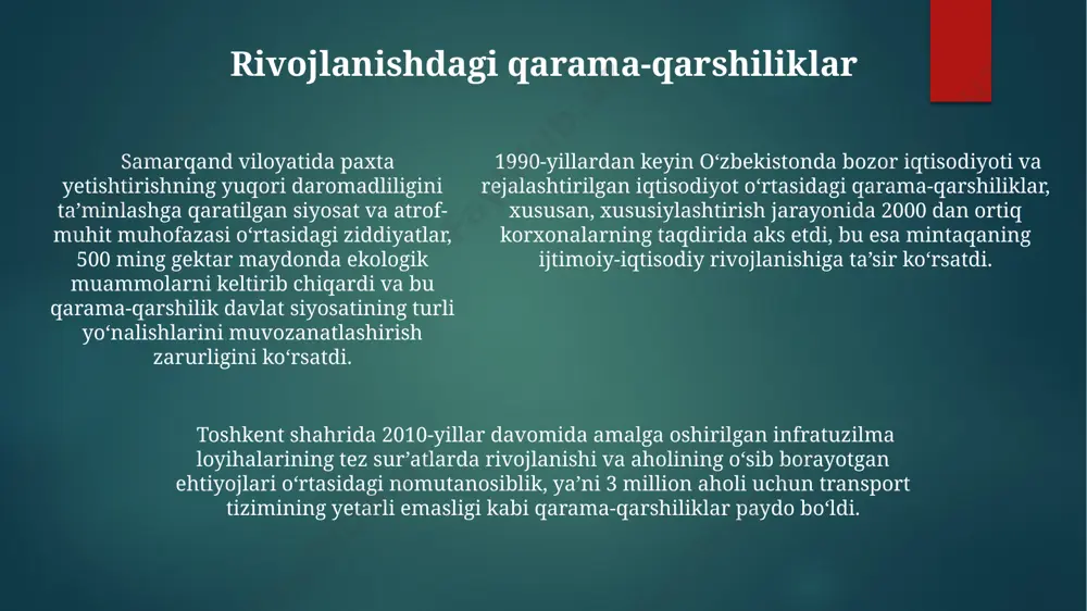 rini o'rganish muhimdir. rostov-don va moskva kabi shaharlarning sanoatlashuvi davrida amalga oshirilgan marksizmga asoslangan iqtisodiy siyosatlarning samaradorligi turli ekspertlar tomonidan 20 dan ortiq tadqiqotlarda tahlil qilingan. rivojlanishning bosqichlari va qonunlari markaziy osiyo mamlakatlari rivojlanishining 3 asosiy qonuniyatlari: tabiiy resurslarga bog'liqlik, demografik o'zgarishlar va mintaqaviy hamkorlikning murakkabligi, bu jarayonlar o'zbekistonni ham qamrab oldi. 1991-yildan keyin o'zbekistondagi rivojlanishning 5 bosqichi, takomillashgan bozor iqtisodiyoti modeli va globalizatsiya ta'siri bilan tavsiflanadi, bu esa jahon iqtisodiyotiga integratsiyalashuvni tezlashtirdi. rostov mintaqasining rivojlanish qonunlari o'zbekistonning qishloq xo'jaligi va sanoatlashtirish siyosatiga, ayniqsa, 2000-yillardan keyin paxtachilikdan keyingi diverifikatsiya jarayoniga ta'sir ko'rsatdi. rivojlanishning omillari va shartlari markaziy osiyo mamlakatlari orasida qozog'istonning texnologik rivojlanishi va 30% dan ortiq yuqori malakali mutaxassislar sonining ko'payishi mintaqaviy rivojlanish uchun ijobiy misol bo'la oladi. jahon bankining 2023-yilgi hisobotiga ko'ra, inson kapitaliga investitsiyalar, xususan, 15 yoshgacha bo'lgan bolalar ta'limi va sog'lig'iga sarmoya kiritish, rivojlanishning muhim sharti hisoblanadi. rivojlanishning muhim omillaridan biri 2000-yillardan buyon o'zbekistonda amalga oshirilayotgan …