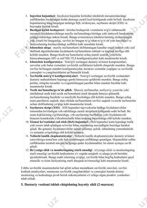 xavfini kamaytirish uchun xavfsiz kodlash amaliyotiga rioya qilishlari kerak. bunga kirishni tekshirish, xatolarni to'g'ri boshqarish, xavfsiz xotirani boshqarish va qattiq kodlangan hisobga olish ma'lumotlaridan qochish kabi amaliyotlar kiradi. xavfsiz autentifikatsiya va avtorizatsiya : foydalanuvchilarning identifikatorlarini tekshirish va ularga tegishli kirish imtiyozlariga ega bo'lishini ta'minlash uchun ishonchli autentifikatsiya mexanizmlarini joriy qiling. parollar va maxfiy ma'lumotlar uchun kuchli shifrlashdan foydalaning va iloji bo'lsa, ko'p faktorli autentifikatsiyadan foydalaning. ma'lumotlarni shifrlash : maxfiy ma'lumotlarni dam olishda ham, o'tish paytida ham shifrlash orqali himoya qiling. kuchli shifrlash algoritmlaridan foydalaning va shifrlash kalitlari xavfsiz boshqarilishini ta'minlang. xavfsiz konfiguratsiya : xavfsizlik ko'rsatmalaridagi eng yaxshi amaliyotlar va tavsiyalarga amal qilgan holda dasturiy ta'minot komponentlarini xavfsiz tarzda sozlang. bu hujumni minimallashtirish uchun serverlar, ma'lumotlar bazalari va boshqa infratuzilma komponentlarini to'g'ri sozlashni o'z ichiga oladi. kirishni tekshirish va tozalash : sql in'ektsiyasi, saytlararo skript (xss) va buyruqlar kiritish kabi in'ektsiya hujumlarining oldini olish uchun barcha foydalanuvchi ma'lumotlarini tekshiring va tozalang. …