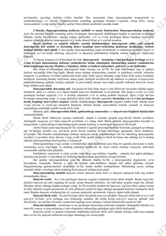 ni o‘rganadi?», degan savolni berishimiz mumkin. insonda bilishga qiziqish uyg‘otadigan, mifologiya, din yoki fan javoblaridan qoniqmagan insonning o‘ziga ma’lum bilimlar va tajribaga, muayyan e’tiqod, ishonch va intuisiyaga tayangan holda oqilona asoslangan javoblar berishga harakat qiladigan, savollar tug‘diradigan har qanday obyektiv va subyektiv borliq falsafaning predmeti hisoblanadi. . boshqacha aytganda, inson o‘z qiziqishi obyekti haqida muayyan tasavvur hosil qilish maqsadida savol berishga asos bo‘lishi mumkin bo‘lgan hamma narsa falsafaning predmetidir. shu munosabat bilan u yoki bu odamning falsafiy qarashlari haqida va hatto uning falsafasi to‘g‘risida so‘z yuritish mutlaqo o‘rinli bo‘ladi va bunga biz kundalik hayotda tez-tez duch kelamiz. biroq ayni holda bizni fan sifatidagi, ayrim insonning emas, balki butun jamiyatning rivojlanish mahsuliga aylangan ijtimoiy hodisa sifatidagi falsafa qiziqtiradi va ayni shu sababli yuqorida keltirilgan ta’rifda «inson» tushunchasi yig‘ma ma’noda qo‘llanilgan. bu yerda shuni ta’kidlab o‘tish lozimki, garchi falsafaning predmetiga biz umumiy nuqtai nazardan ancha keng ta’rif bergan bo‘lsak-da, ayrim tarixiy davrlarda …