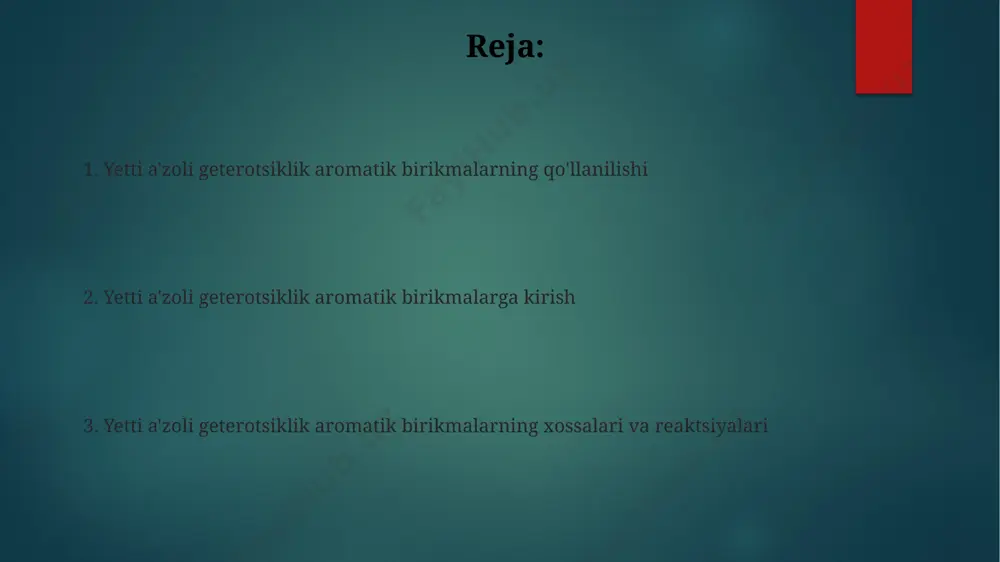 oʻgʻri hosil boʻlishi orqali amalga oshiriladi, bu reaksiyalarda 5-7 ta bosqichdan iborat boʻlishi mumkin. ushbu birikmalarning 1,2-diazepin va 1,4-diazepin kabi izomerlari mavjud boʻlib, ularning kimyoviy xossalari va biologik faolligi farq qiladi. azotli geterotsikllar: azepinalar azepinalarni sintez qilishning turli xil usullari mavjud, jumladan, bir nechta bosqichli organik reaksiyalar yordamida 7-a'zoli halqaning hosil bo'lishi. azepinlarning bir qator izomerlari mavjud bo'lib, ularning xususiyatlari, masalan, 1h-azepinalar va 2h-azepinalar orasida farq qiladi. spektroskopik xossalari ir spektroskopiyasi c=c bog'lanishlari uchun 1600-1500 sm⁻¹ oralig'ida va geteratomlarga xos cho'qqilarni (masalan, n-h, o-h) aniqlashga imkon beradi, bu 7-a'zoli halqaning tarkibiy xususiyatlarini aniqlashga yordam beradi. 7-a'zoli geterotsiklik aromatik birikmalarning 1h va 13c yamr spektrlari kimyoviy siljish qiymatlari orqali halqa tizimining elektron zichligi taqsimlanishini aks ettiradi, bu esa strukturaviy tahlil uchun muhimdir. sintez usullari bir nechta 7-a'zoli geterotsiklik birikmalarni, masalan, azepinlarni, [4+3] sikloqo'shilish reaksiyalari yordamida, 1,3-dipol va dienlarni reaksiyaga kirishtirish orqali sintez qilish mumkin. 7-a'zoli geterotsiklik aromatik birikmalarni sintez qilishning bir …