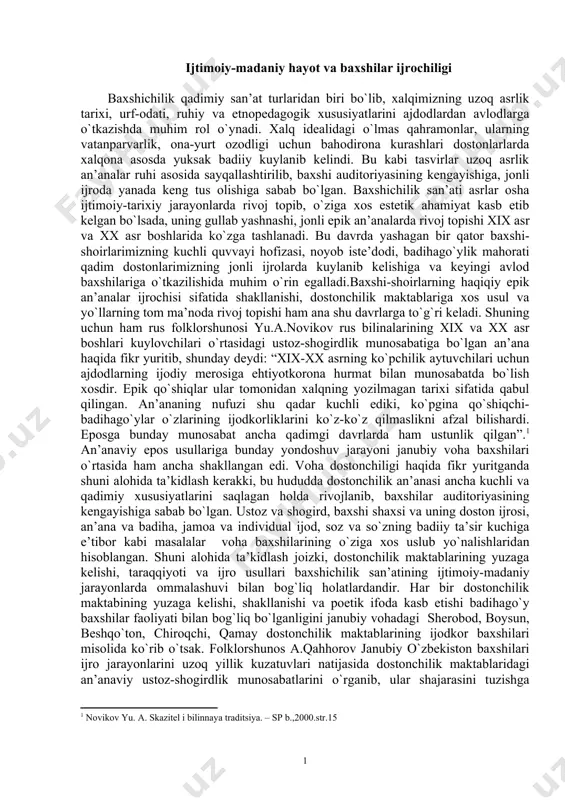 unday munosabat ancha qadimgi davrlarda ham ustunlik qilgan”. an’anaviy epos usullariga bunday yondoshuv jarayoni janubiy voha baxshilari o`rtasida ham ancha shakllangan edi. voha dostonchiligi haqida fikr yuritganda shuni alohida ta’kidlash kerakki, bu hududda dostonchilik an’anasi ancha kuchli va qadimiy xususiyatlarini saqlagan holda rivojlanib, baxshilar auditoriyasining kengayishiga sabab bo`lgan. ustoz va shogird, baxshi shaxsi va uning doston ijrosi, an’ana va badiha, jamoa va individual ijod, soz va so`zning badiiy ta’sir kuchiga e’tibor kabi masalalar voha baxshilarining o`ziga xos uslub yo`nalishlaridan hisoblangan. shuni alohida ta’kidlash joizki, dostonchilik maktablarining yuzaga kelishi, taraqqiyoti va ijro usullari baxshichilik san’atining ijtimoiy-madaniy jarayonlarda ommalashuvi bilan bog`liq holatlardandir. har bir dostonchilik maktabining yuzaga kelishi, shakllanishi va poetik ifoda kasb etishi badihago`y baxshilar faoliyati bilan bog`liq bo`lganligini janubiy vohadagi sherobod, boysun, beshqo`ton, chiroqchi, qamay dostonchilik maktablarining ijodkor baxshilari misolida ko`rib o`tsak. folklorshunos a.qahhorov janubiy o`zbekiston baxshilari ijro jarayonlarini uzoq yillik kuzatuvlari natijasida dostonchilik maktablaridagi an’anaviy ustoz-shogirdlik munosabatlarini o`rganib, ular …