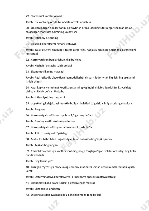 g’liqlik qanday javob : teskari bog’langan 39 . chiziqli korrelyatsiya koeffitsiyentining nolga tengligi o’zgaruvchilar orasidagi bog’liqlik qanday bo’ladi javob : bog’lanish yo’q 40 . tuzilgan regressiya modelining umumiy sifatini tekshirish uchun nimalarni tahlil qilish kerak javob : determinatsiya koeffitsiyenti , f-mezon va approksimatsiya xatoligi 41 . ekonometrikada qaysi turdagi o’zgaruvchilar mavjud javob : ekzogen va endogan 42 . dispersiyasidan kvadratik ildiz olinishi nimaga teng bo’ladi javob : o’rtacha kvadratik chelanishga 43 . mehnat unumdoriligi quyidagi omillar nisbati bilan o’lchanadi javob : haqiqiy mahsulot hajmi ish soatlari soniga 44 . ekonometrik modelni verifikatsiyalash deganda nima tushuniladi javob : ekonometrik model adektivligini tekshirish 45 . chiziqli korrelyatsiya koeffitsiyentining nolga tengligi o’zgaruvchilar orasidagi bog’liqlik bo’ladi javob : bog’lanish yo’q 46 . korrelyatsiya koeffitsienti qaysi qiymatni qabbul qila olmaydi javob :2,5 47 . regressiya tenglamasi parametrlarining qiymatlari qaysi usulda olinadi javob: eng kichik kvadratlar usuli 48 . ekonometrikaning maqsadi real iqtisodiy obyektlarni modellashtirish va …