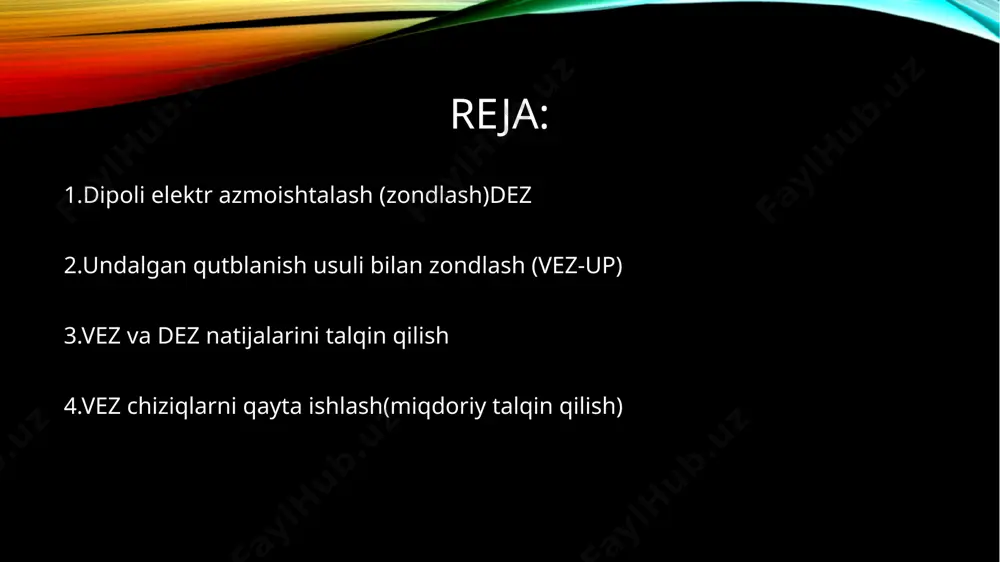 shdan iborat. dipoli elektr zondlash (dez) – geofizik tadqiqotlarda keng qo‘llaniladigan usullardan biri bo‘lib, yer yuzasidagi qatlamlarning gorizontal va lateral (yonlama) elektr o‘zgaruvchanligini aniqlash uchun ishlatiladi. ushbu usul ikki asosiy elektrod (dipol) yordamida amalga oshiriladi, bunda elektr tok yerga uzatiladi va uning yer osti qatlamlari orqali o‘tishidagi o‘zgarishlar kuzatiladi. dez usulining nazariy asoslari dez usuli yerning elektr o‘tkazuvchanligi va qarshiligi bo‘yicha ma’lumotlarni olishga asoslanadi. elektr tok yerning har xil turdagi geologik qatlamlari orqali o‘tayotganda, qatlamlarning fizik xususiyatlariga qarab elektr maydonining taqsimoti o‘zgaradi. ushbu o‘zgarishlarni maxsus asbob-uskunalar yordamida qayd etib, yerning ichki tuzilishi haqida ma’lumot olish mumkin. dez usulining afzalliklari murakkab geologik tuzilmalarda samarali qo‘llanish imkoniyati. yer osti qatlamlarining lateral (yonlama) o‘zgarishlarini aniqlash. katta hududlarni qisqa muddat ichida tadqiq qilish. amaliy qo‘llanish sohalari dez usuli asosan quyidagi sohalarda qo‘llaniladi: foydali qazilmalarni aniqlash. yer osti suvlarini qidirish. qazilma konlarining lateral chegaralarini aniqlash. yer yuzasining muhandislik-geologik tadqiqotlari. o‘tkazish usuli dez tadqiqotlarida elektr dipollardan …