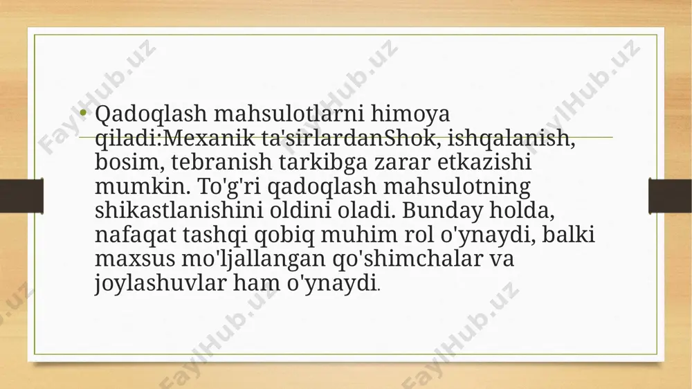 tafsilqoʻshimcha axborot olish uchun manba matnini kiritingfikr-mulohazayon panellar savdo va sanoat konteynerlari dozalash, to'ldirishni nazorat qilish, yuklash va tushirish uchun turli xil qurilmalar bilan jihozlangan. misol uchun, quyma va suyuq yuklar uchun oktabinlar drenaj kranlari va klapanlar bilan ta'minlanadi;misol uchun, quyma va suyuq yuklar uchun oktabinlar drenaj kranlari va klapanlar bilan ta'minlanadi; ;misol uchun, quyma va suyuq yuklar uchun oktabinlar drenaj kranlari va vanalar bilan ta'minlangan; вентилями; simlar uchun qutilar - ko'rfazni ochish uchun baraban bilan; savdo maydonchasi uchun idishlar - teshilgan, uning yordamida devor balandligini bo'shatish paytida kamaytirishingiz mumkin. buxgalteriya hisobiqadoqlangan tovarlarni hisoblash osonroq. masalan, un ko'pincha 50 kg qoplarga qadoqlanadi. qoplarni sanab, omborda qancha un qolganligini tarozidan o‘tkazmasdan bilib olishimiz mumk. foyidalangan adabiyotlar: 1. rozantsev e.g., ivanova t.v. oziq-ovqat mahsulotlari uchun himoya materiallari // pishch. bitiruv kechasi. - 2000. - no 12. - s. 40-41.2. xurgin a. ukrainani himoya qilaylik! va ayni paytda o'zingiz // upakovka. -2000.-№ 2.-s. …