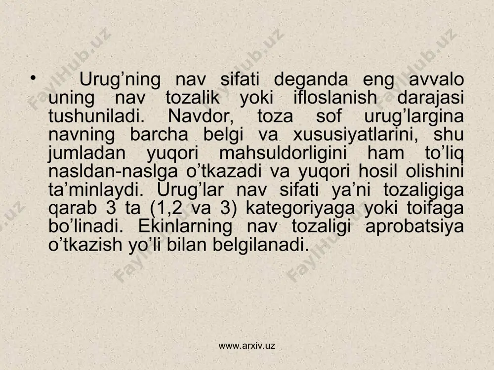 sh va ifloslanishga yo’l qo’ymaslik hisoblanadi. www.arxiv.uz www.arxiv.uz www.arxiv.uz navning ifloslanishi mexanik biologik www.arxiv.uz navning urug’iga boshqa nav yoki ekinlarning urug’i tasodifiy aralashib qolishi mexanik ifloslanish deyiladi. bu ifloslanish o’tmishdosh ekinni hisobga olmaslik, urug’ni saqlash, tashish va ekish jarayonida sodir bo’ladi. biologik ifloslanish navning chetdan changlanishi, belgilar bo’yicha ajralish xodisasi, kasallangan o’sim-liklar sonining ortib borishi, muta­tsiya ro’y berishi natijasida kuzatiladi. ko’pchilik sabzavot-poliz ekinlari chetdan changlanuv-chi o’simliklar bo’lgani uchun eng avvalo tarqalish izolyatsiyasining normasiga rioya qilish, bundan tashqari begona o’tlarni o’z vaqtida yo’q qilish, xo’jalikda ekinning faqat bitta navini ekish, ekin ko’p bo’lsa, ularni turli yillarda ekish lozim. www.arxiv.uz www.arxiv.uz sabzavot-poliz ekinlarining urug’i yirikligi, shakli, ko’rinishi, yuzasi, rangi, hidi va alohida o’ziga xos morfologik belgilari bilan farqlanadi. ko’pgina ekinlarning urug’ini bir-biridan oson ajratish mumkin. biroq bitta botanik oilaga mansub ekinlarni (masalan, karam va piyoz turlarini) belgilariga qarab bir-biridan ajratish juda qiyin. shuning uchun ularni aniqlashda maxsus anatomik va kimyoviy usullardan foydalaniladi. …