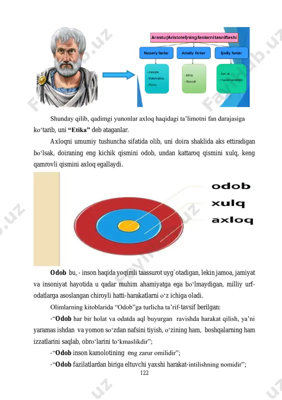 n kichikka mehr-shafqat ko‘rsatish odobdir” go‘zal tarbiya va chiroyli xulq-atvorlar bilan tavsiflanish, xunuk xislatlardan saqlanish holati “odob” deyiladi. xulq - oila, jamoa, mahalla-kuy miqyosida ahamiyatli bo‘lgan, ammo jamiyat va insoniyat hayotiga sezilarli ta’sir ko‘rsatmaydigan yoqimli insoniy hatti- harakatlarning majmuidir. “xulq” so‘zining ko‘plik shakli axloqdir. xulq nafsning qat’iy sobit turgan holatidir. nafsning bu holati tufayli amallar undan osonlik bilan sodir bo‘ladi, bunda u fikr-mulohazaga muhtoj bo‘lmaydi. agar nafsdan sha’ran va aqlan yaxshi amallar osonlik bilan sodir bo‘lsa-yaxshi xulqli, yomon amallar oson sodir bo‘lsa-yomon xulqli deyiladi. aslida amal xulq hisoblanmaydi, balki islomiy axloqning asl manbai qur'on va uning nuridan hosil bo‘lgan sunnatdir. qadimgi sharq mamlakatlarida kishilarning axloq-odobiga katta ahamiyat berganlar. bolalarni yoshligidanoq chiroyli xulq, sharqona odob asosida tarbiyalashga harakat qilishgan. ayniqsa, insoniyatga ulug‘ hidoyat va cheksiz saodat olib kelgan islom dinimiz axloq-odob masalasini oliy darajaga ko‘tarib qo‘ydi. barcha insonlarni odobli, xush xulqli, shirinso‘z, kamtar, oliyjanob bo‘lishga da’vat etdi. demak, insonlar din ta’limotlariga …