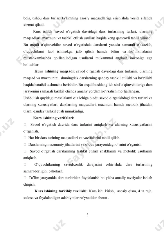 chiqish. kurs ishining tarkibiy tuzilishi: kurs ishi kirish, asosiy qism, 4 ta reja, xulosa va foydalanilgan adabiyotlar rо‘yxatidan iborat . ii. asosiy qism: ii.1 savod o’rgatishdagi dars tiplari va ularning xususiyatlari boshlang‘ich ta’limda savod o‘rgatish davri o‘quvchilarning o‘qish va yozish ko‘nikmalarini shakllantirishda hal qiluvchi bosqich hisoblanadi. bu davrda ta’lim jarayonini maqsadga muvofiq tashkil etish uchun darslarni turli tiplarga ajratish zarur bo‘ladi. dars turlari orqali o‘quv materialining mazmuni o‘quvchilarga bosqichma-bosqich, tizimli ravishda yetkaziladi. har bir dars turi muayyan pedagogik vazifani bajaradi va o‘ziga xos xususiyatlarga ega. yangi materialni o‘rgatish darslari bu darslar savod o‘rgatish davrining asosiy bosqichlaridan biri bo‘lib, unda o‘quvchilarga yangi tovush, harf, bo‘g‘in, so‘z va gaplar tanishtiriladi. darslar fonetik-talaffuz, grafik shakl, tovush-harf bog‘liqligi asosida olib boriladi. yangi material o‘rgatishda o‘qituvchi avvalo o‘quvchilar e’tiborini jamlash, ularni tinglashga tayyorlash, keyin esa harfni to‘g‘ri talaffuz qilish, yozish, uni boshqa tovushlardan farqlash kabi mashqlarni bajarishiga erishadi. bu darslar odatda ko‘rgazmalilik, didaktik o‘yinlar, audio …