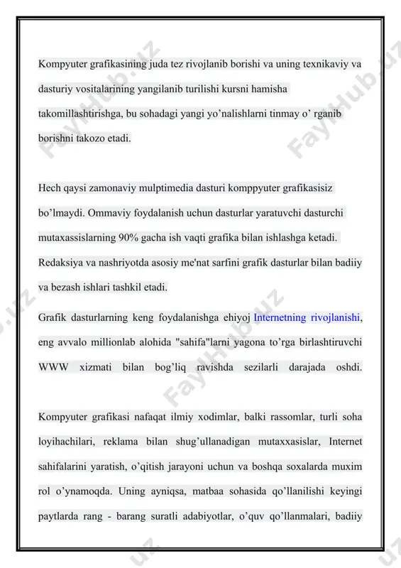 zda muhokama qilib, tegishli qarorlar qabul iii qilishdan iboratdir. tasavvurni yanada oshirish uchun ushbu paketlarda tasvirni turli xildagi grafika shaklida tasvirlash imkoniyati kiritilgan. bu esa, o'z navbatida, barcha turdagi tasvirlarni ekranda birgalikda ko'rib, tahlil qilish imkoniyatini oshiradi. bu paketlarning eng ahamiyatli tomoni shundaki, ular tasvirlarni turli xil shaklda berishdan tashqari aks ettirilgan grafikalarni tahlil qilish imkoniyatini ham beradi. shu sababli bu paketlarga turli xil matematik tahlil usullari, jumladan statistik tahlil, ehtimollar nazariyasi, iqtisodiy jarayonlar bashorati kabi usullar kiritilganki, ular berilgan axborot to'plamini tahlil qilish imkonini beradi. namoyish qilish grafikasi - matn, sxema, eskiz kabi hujjatlarning mashinaviy tasvirini hosil qilib uni namoyish etishga tayyorlash uchun xizmat qiladi. bu yerda eng asosiy vazifa - yuqori sifatli va chiroyli ko'rinishdagi tasvirlar hosil qilishdan iborat. bu turdagi grafikaning eng afzal tomoni shundaki, undagi tasvirlar to'plami va ko'rinishini tezda o'zgartirish mumkin. injenerlik grafikasi - bunday grafika chizmachilik, loyihalash va konstruktorlik ishlarini avtomatlashtirishda keng qo'llaniladi. injenerlik …
