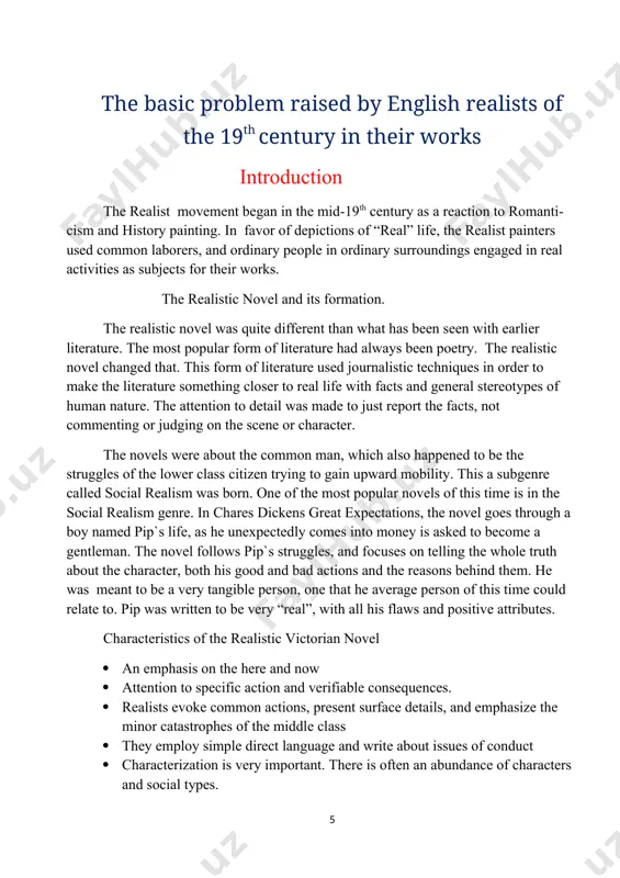 rite the novel from such a perspective begs an important and highly relevant question from the readers: how do we know that pip`s descriptions and thoughts are accurate representation of reality? the honest answer is that we simply do not, and this kind of ambiguity leads to very interesting discussions about victorian realism. the aim of my course paper is the basic problems raised by english realists of the 19th century in their works. to teach the aim i put forward the following tasks: · to study realistic genre · to investigate writers novels · to analyze dicken`s works · to consider about problem english realists the subject of my course paper is the basic problems raised by english realists of the 19th century in their works. the object of my course paper is writers of the 19th century and their works. the course paper includes introduction, main part , …