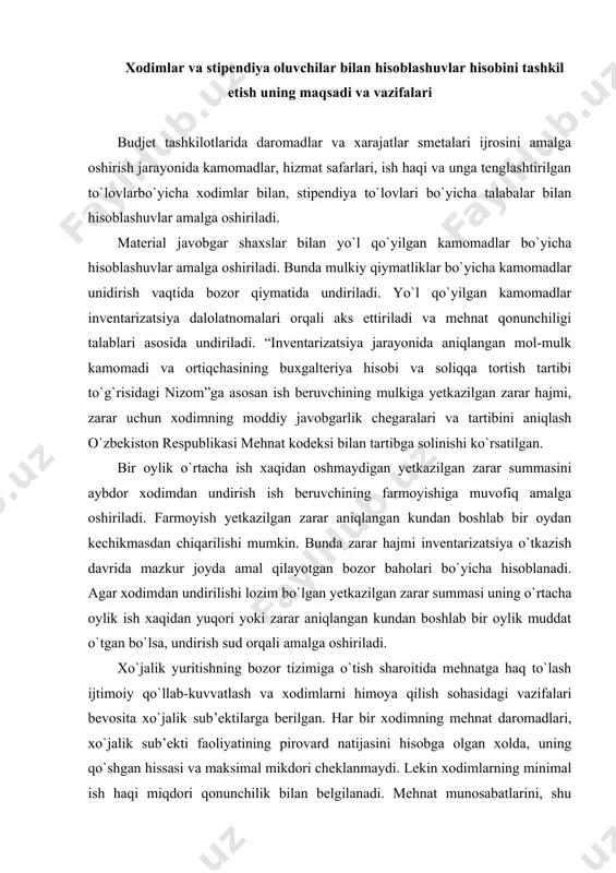lozim bo`lgan yetkazilgan zarar summasi uning o`rtacha oylik ish xaqidan yuqori yoki zarar aniqlangan kundan boshlab bir oylik muddat o`tgan bo`lsa, undirish sud orqali amalga oshiriladi. xo`jalik yuritishning bozor tizimiga o`tish sharoitida mehnatga haq to`lash ijtimoiy qo`llab-kuvvatlash va xodimlarni himoya qilish sohasidagi vazifalari bevosita xo`jalik sub’ektilarga berilgan. har bir xodimning mehnat daromadlari, xo`jalik sub’ekti faoliyatining pirovard natijasini hisobga olgan xolda, uning qo`shgan hissasi va maksimal mikdori cheklanmaydi. lekin xodimlarning minimal ish haqi miqdori qonunchilik bilan belgilanadi. mehnat munosabatlarini, shu jumladan xodimlar mehnatiga hak to`lashni yuridik asosini mehnat to`g`risidagi konuniy hujjatlar, xo`jalik sub’ektilarning jamoa shartnomalarini va boshqa muayyan me’yoriy hujjatlar tashkil etadi. ma’lumki ish haqi, o`z navbatida, asosiy va qo`shimcha ish haqiga bo`linadi: asosiy ish xaqiga, xodimlarni ishlagan vaqti, bajargan ishining miqdori va sifatiga asosan hisoblangan ish haqi, tarif stavkalari, okladlar, mukofotlar, asosiy ish vaqtidan tashqari ishlagan ish vaqtiga hisoblangan qo`shimcha ish haqi, ishchi aybiga bog`liq bo`lmagan xolda turib qolishlarga xisoblangan …