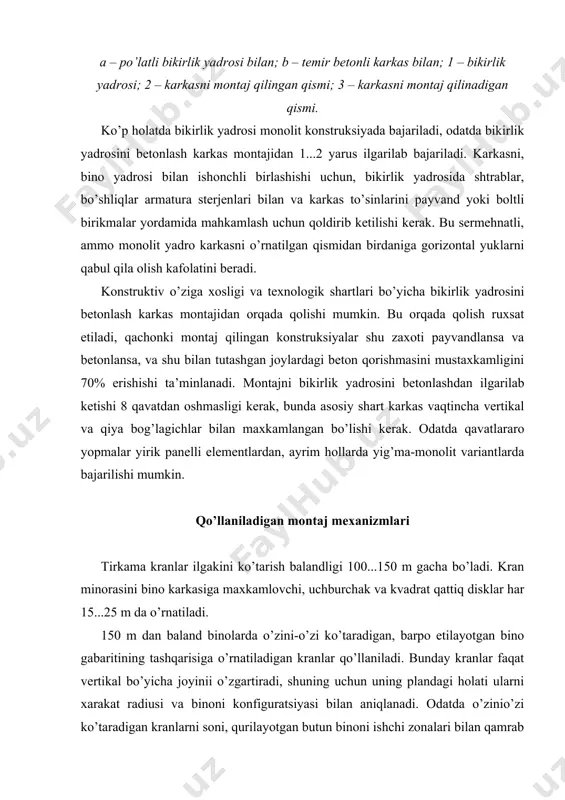 i ko’tarish ehtiyoji bo’lganda, montaj qilingan karkas rigellari orasidan bemalol o’tishi uchun, konsollar olib qo’yiladi. balandlik bo’yicha kran minorasini o’rab olgan fazoviy konstruksiya − maxsus oboyma-xalqa yordamida suriladi. minorani tutashuv joylarining konstruksiyasi xalqani sirpanishiga, pastga va yuqoriga ko’chishiga imkon yaratadi. xalqa o’zining tayanch to’sinlari orqali karkasning rigellariga tayanadi. kranni balandligi bo’yicha o’rnini o’zgartirishda, avval xalqa ko’tariladi va montaj qilingan karkasning yuqori rigellariga o’rnatiladi, kran minorasini ko’taruvchi polispast maxkamlanadi va tortiladi. tayanch to’sinlarini konsoli orqaga tashlanib, kran 2...4 qavatdan keyingi to’rar joyiga ko’tariladi, boshqatdan tayanch to’sinini konsollari ochilib kran karkas rigellariga tushiriladi, tayanch maydonini xomutlar bilan maxkamlanadi. kranni ko’tarishda halqa yo’naltiruvchi va minorani vertikal holatda ushlab turuvchisi bo’lib xizmat qiladi. polispast kranni og’irlik markazidan pastda joylashadi, bu o’z tavbatida kranni ko’tarish chog’ida uni og’ib ketishiga imkon bermaydi. yerda yuradigan kranlar bilan balandligi 70 m gacha bo’lgan binolarni montaj qilish mumkin, imorat yoniga o’rnatilgan tirkama kranlar bilan 150 m gacha bo’lgan binolarni …